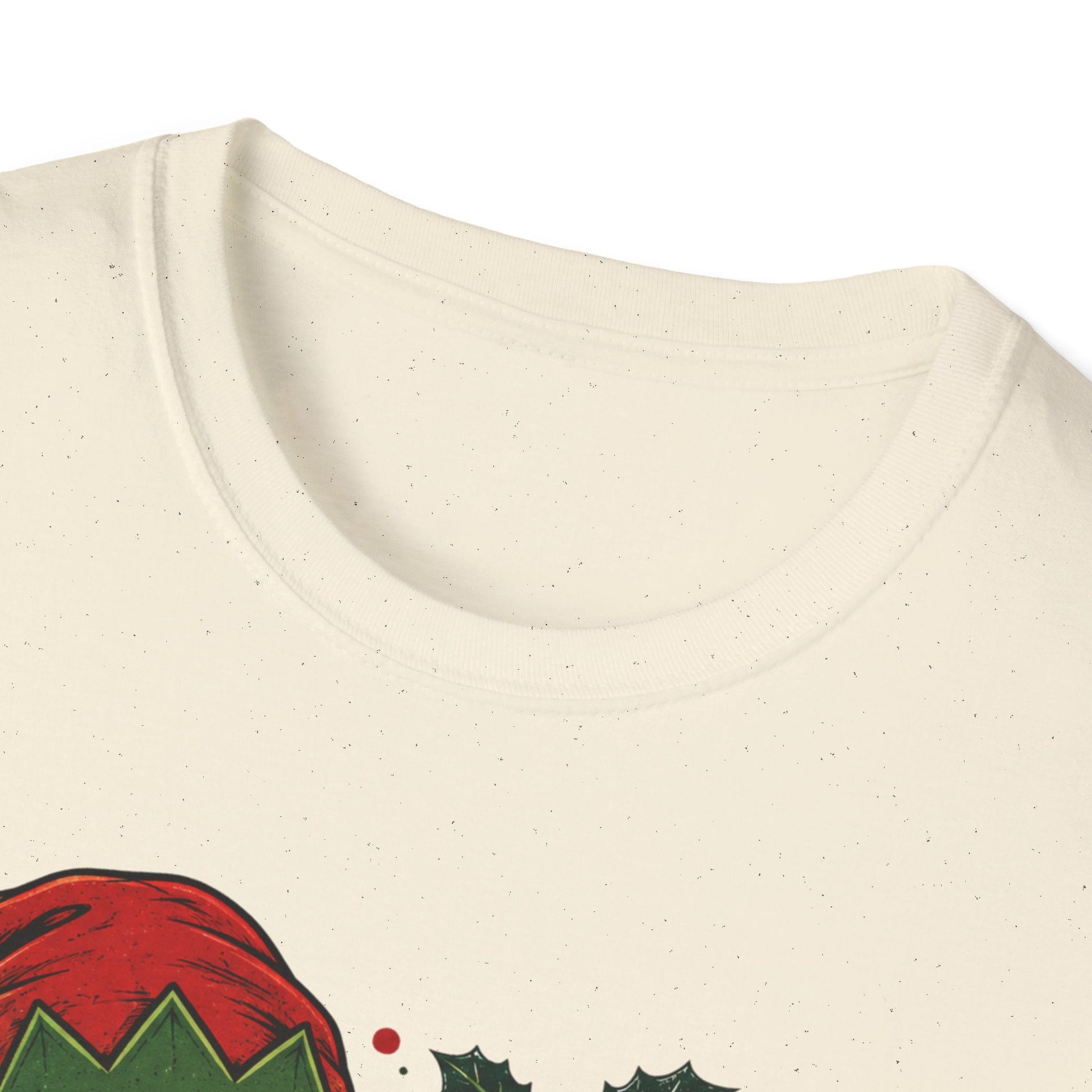 Close-up neckline image of the Resting Elf Face Sassy Elf Christmas T-Shirt in natural