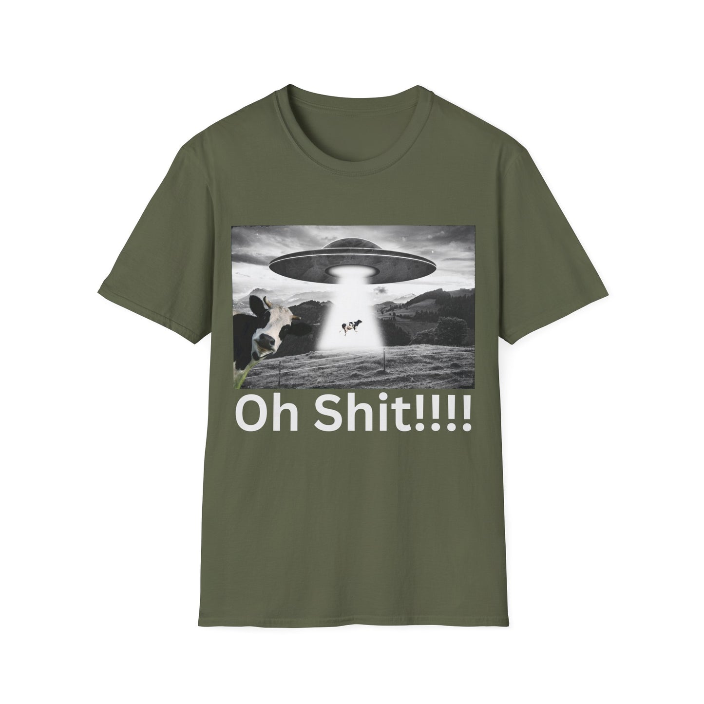Oh Shit!!!! Cow Abduction T-Shirt  in Military Green - Front View