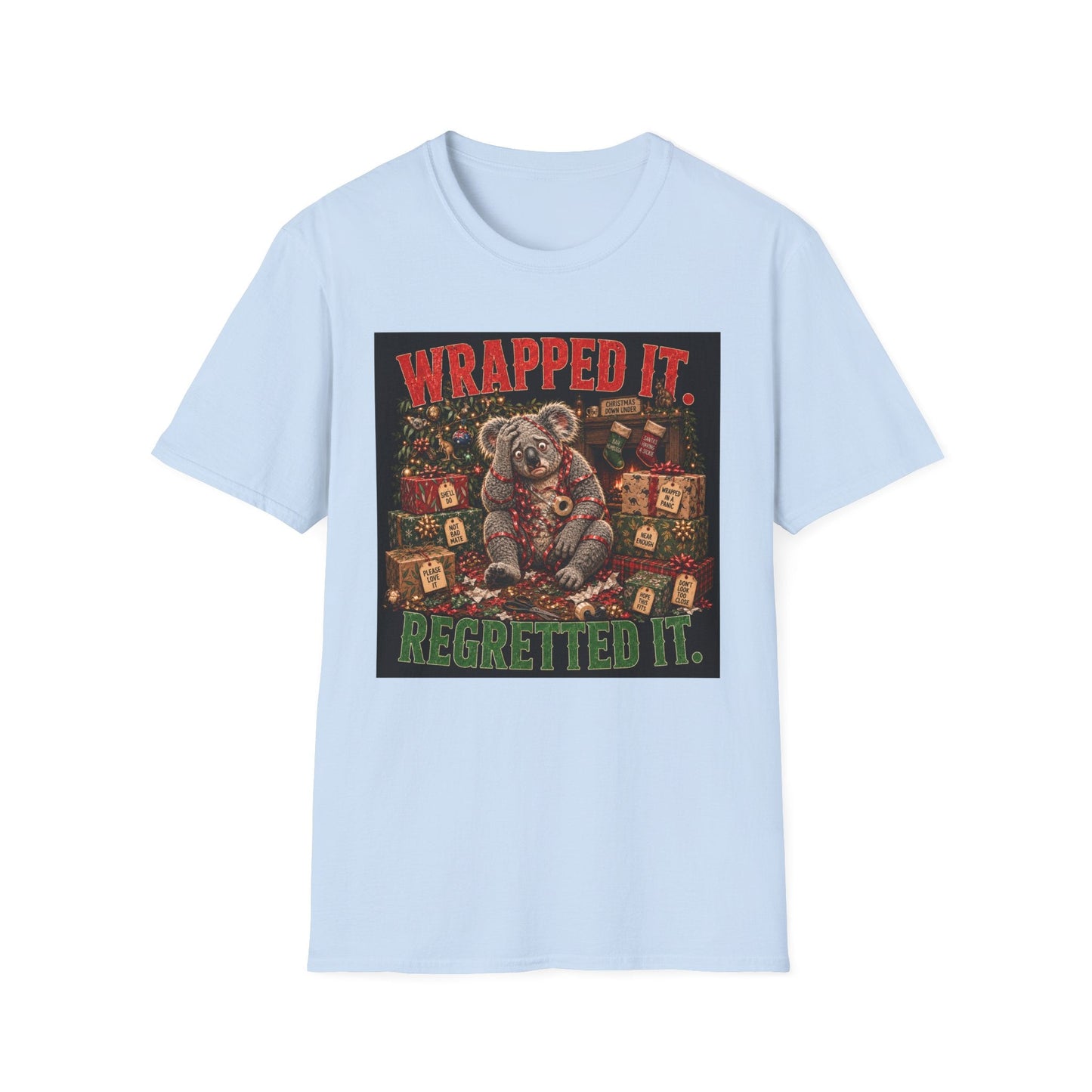 Wrapped It. Regretted It. Koala Christmas T-Shirt in light blue, design with a funny Australian koala tangled in ribbon.