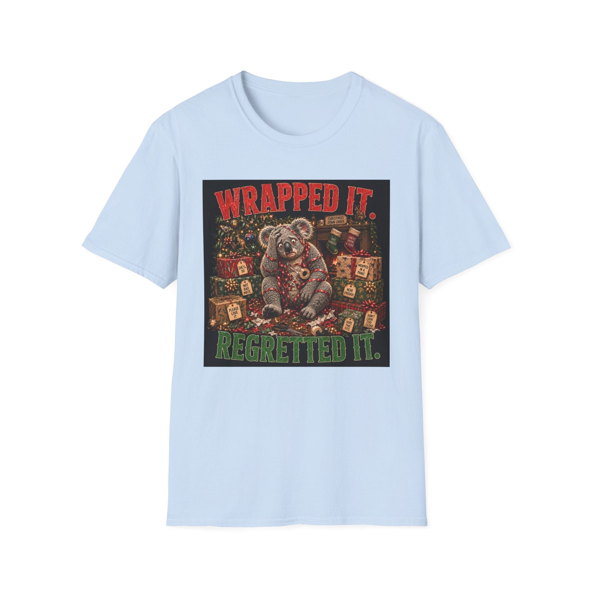 Wrapped It. Regretted It. Koala Christmas T-Shirt in light blue, design with a funny Australian koala tangled in ribbon.
