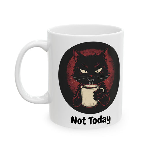 Not Today – Grumpy Black Cat Coffee Mug - white mug with cute annoyed cat and text