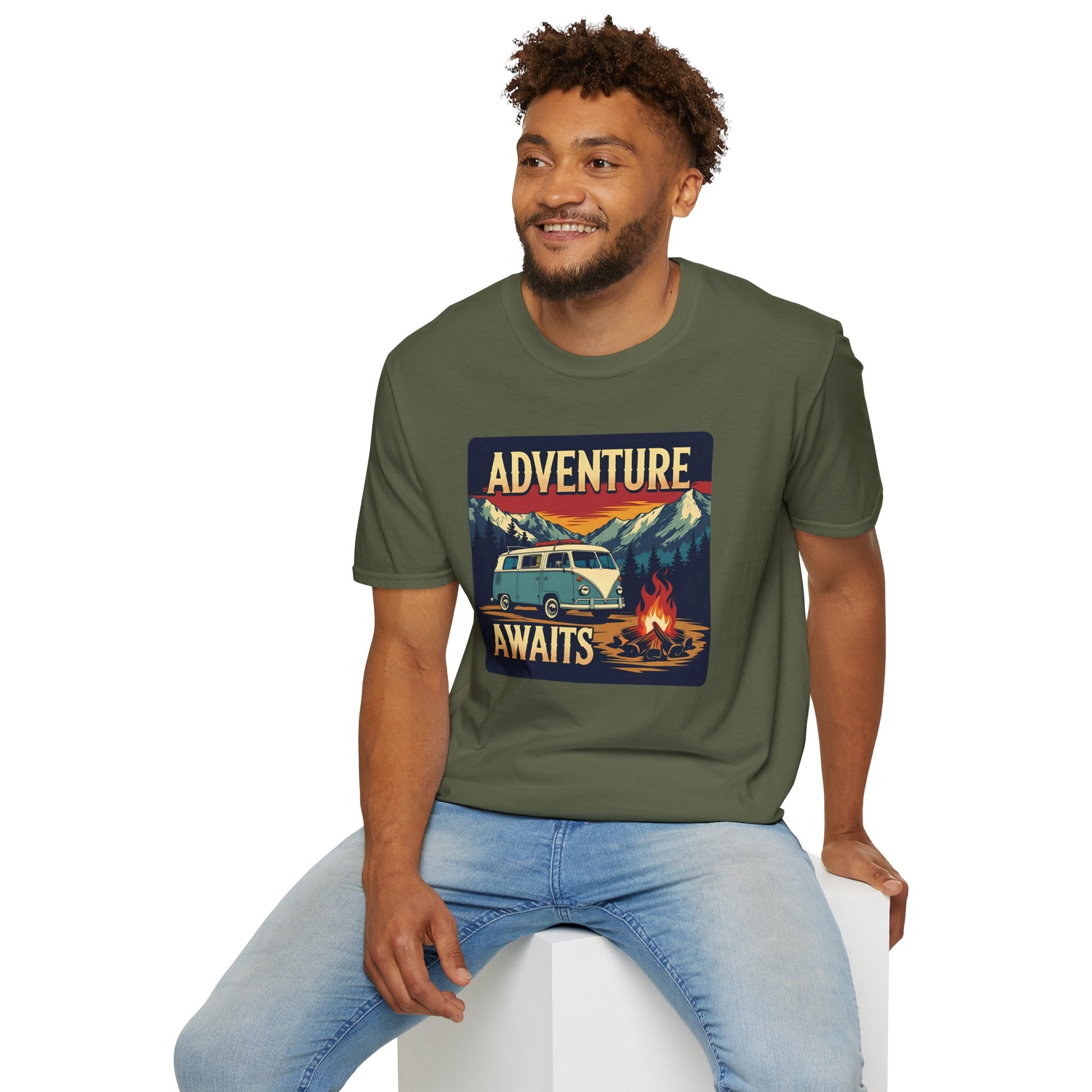 Adventure Awaits - Retro Camper Van Adventure T-Shirt in Military Green