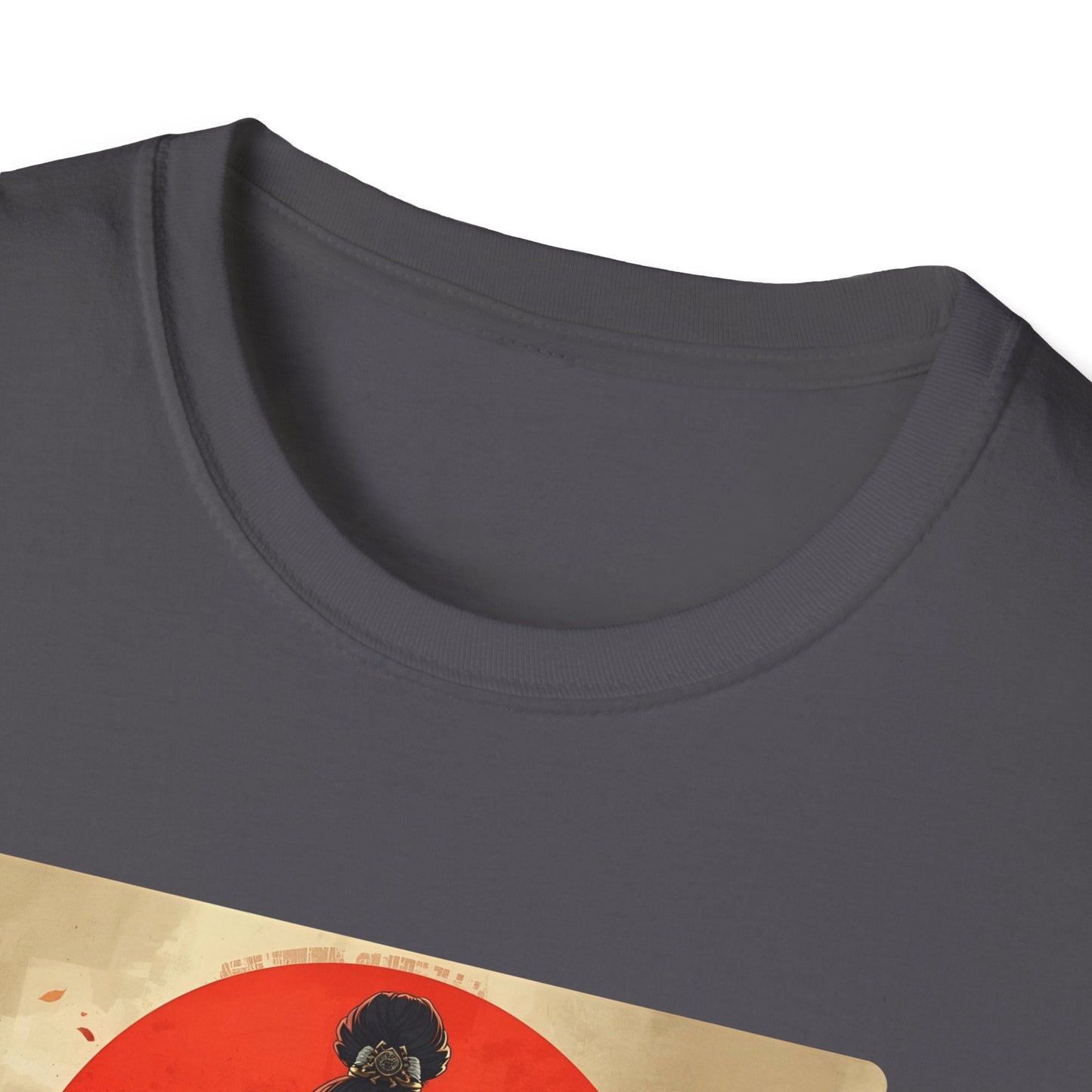 Close-up neckline view of the Red Sun Resolve Samurai Warrior T-Shirt in charcoal with bold samurai warrior artwork visible on the front.