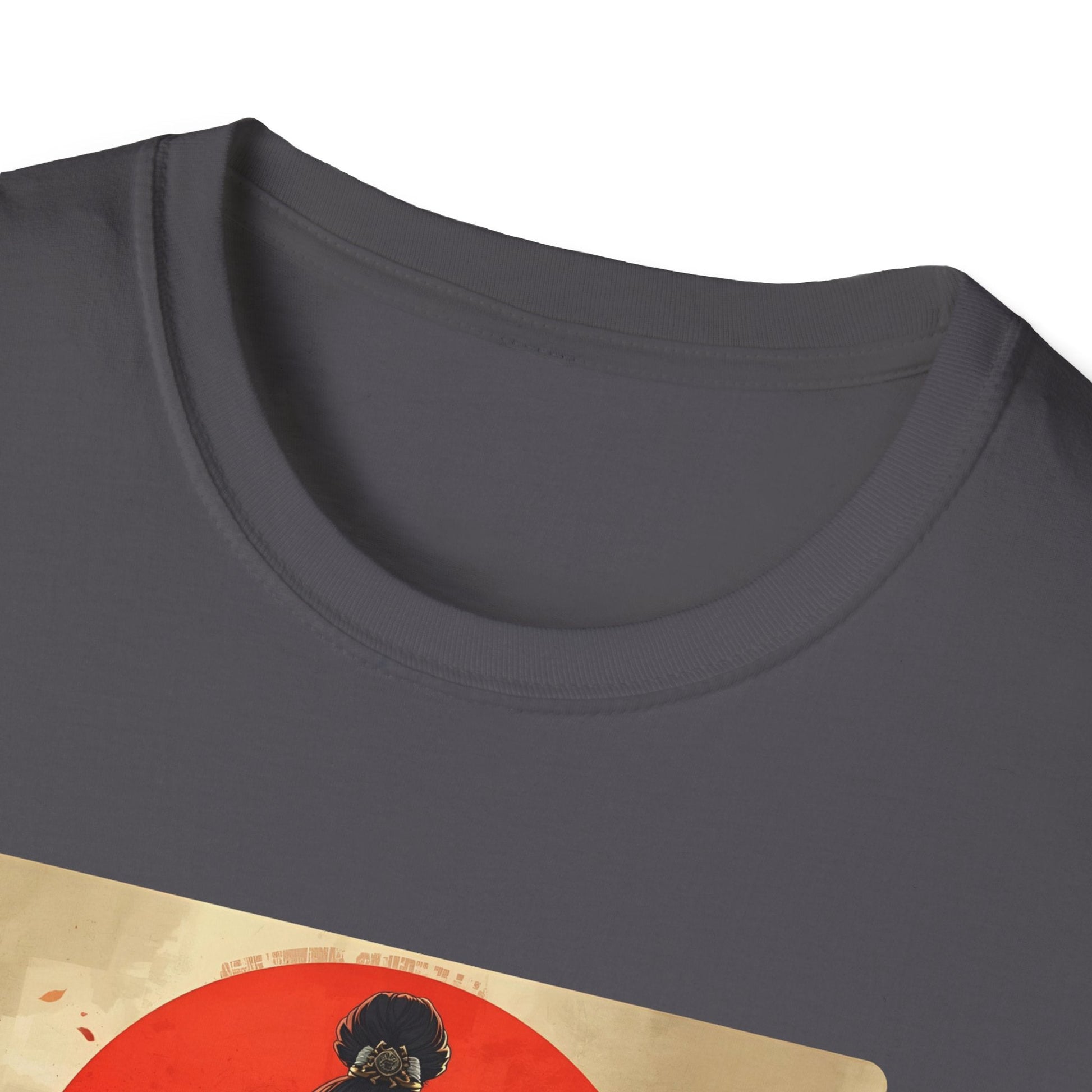 Close-up neckline view of the Red Sun Resolve Samurai Warrior T-Shirt in charcoal with bold samurai warrior artwork visible on the front.