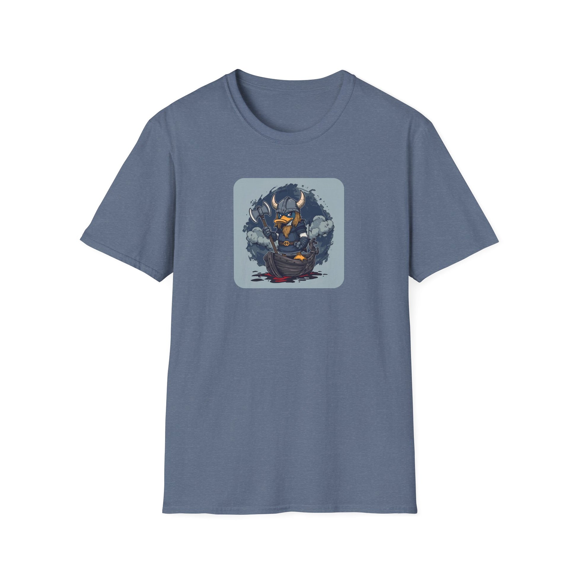 Goth Viking Duck – Dark Cartoon Chaos T-Shirt in Heather Indigo