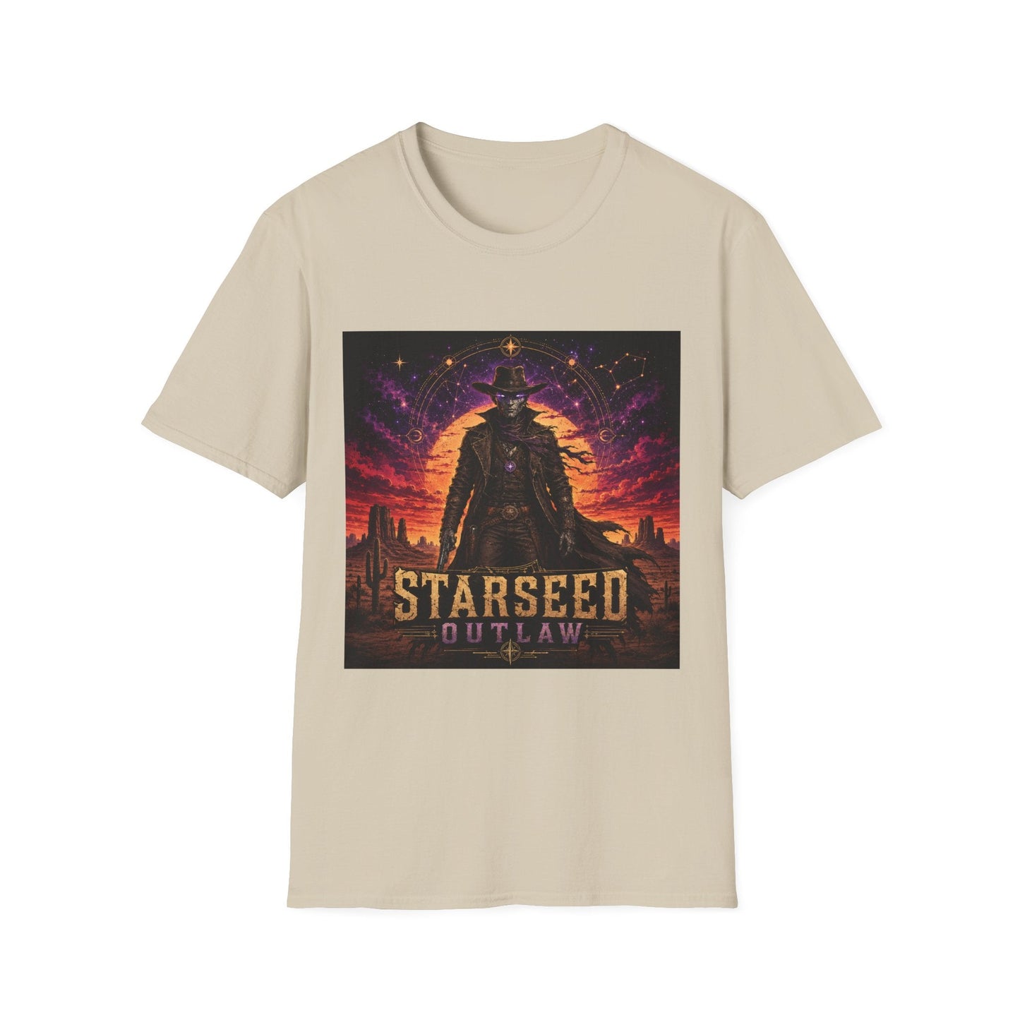 Starseed Outlaw T-Shirt in natural with bold alien-inspired cosmic rebel graphic design.