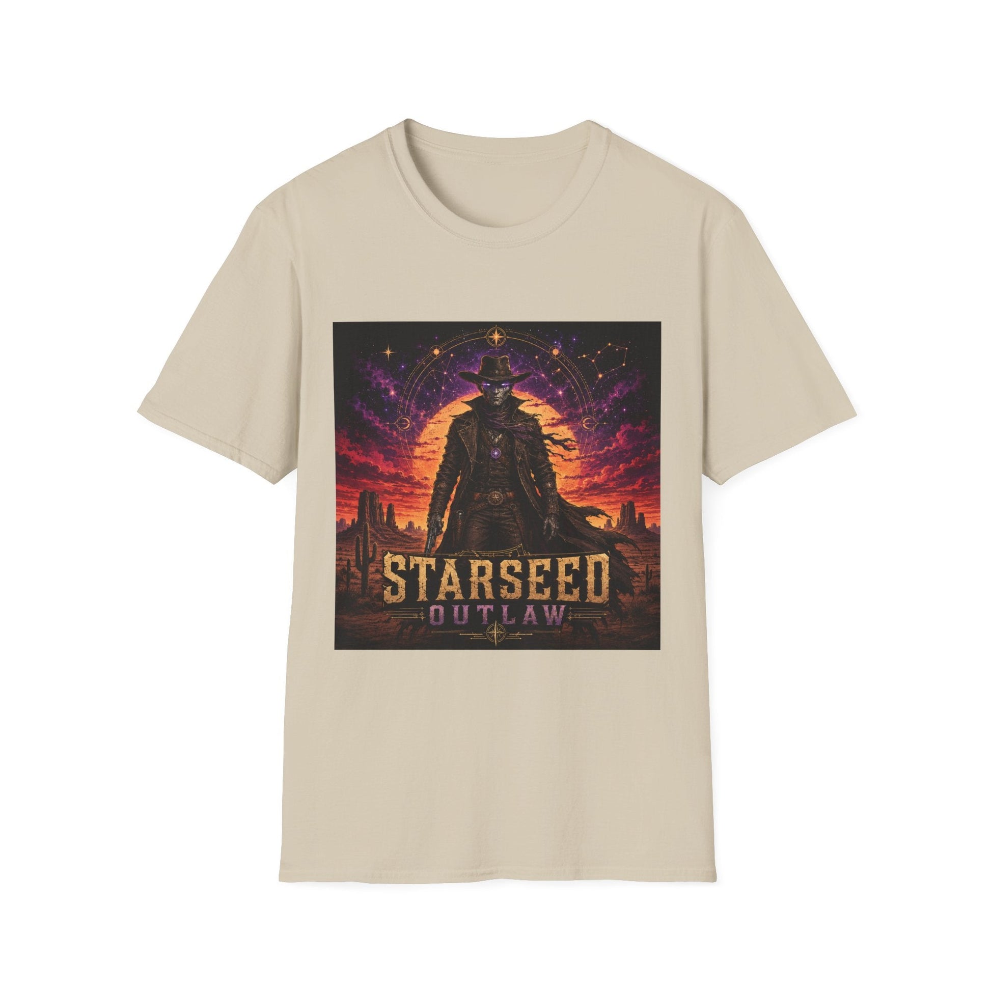 Starseed Outlaw T-Shirt in natural with bold alien-inspired cosmic rebel graphic design.