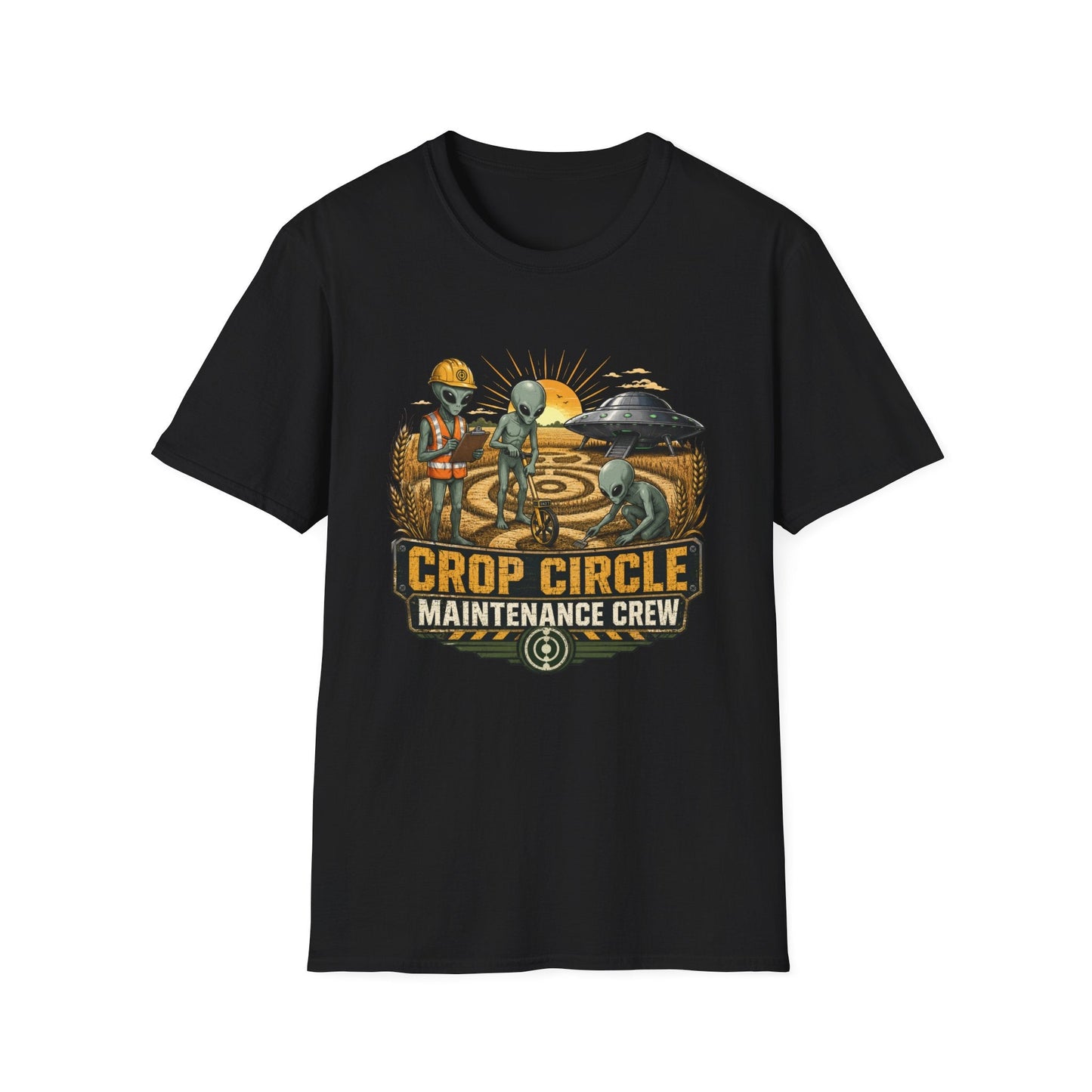 Crop Circle Maintenance Crew T-Shirt in black, artwork featuring aliens maintaining a crop circle in a wheat field with a UFO and bold vintage work crew text.