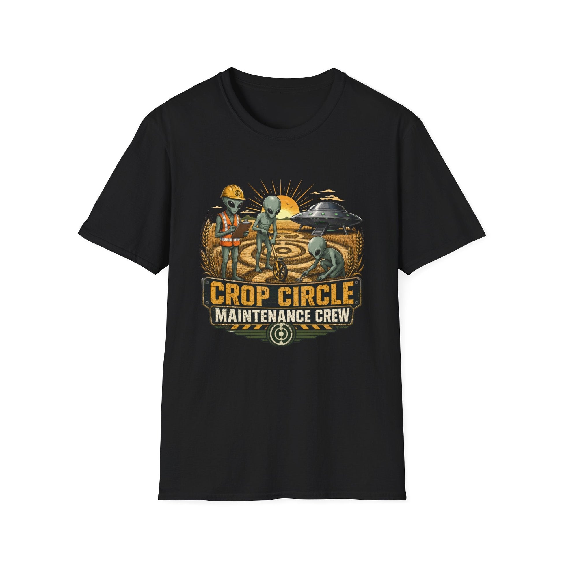 Crop Circle Maintenance Crew T-Shirt in black, artwork featuring aliens maintaining a crop circle in a wheat field with a UFO and bold vintage work crew text.