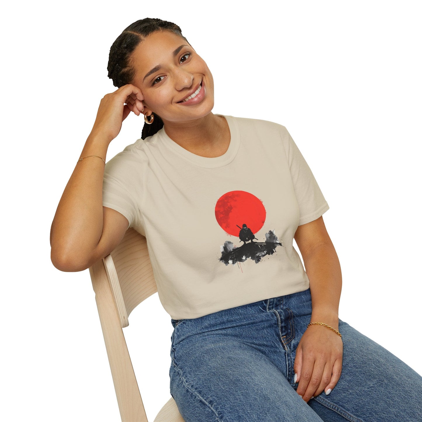 Model wearing the Silent Watch Ninja Beneath the Crimson Moon T-Shirt in natural featuring a dark ninja silhouette beneath a bold crimson moon.