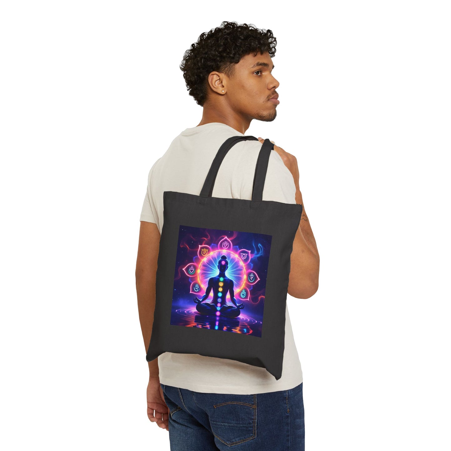 Spiritual Chakra Cotton Canvas Tote Bag in Black