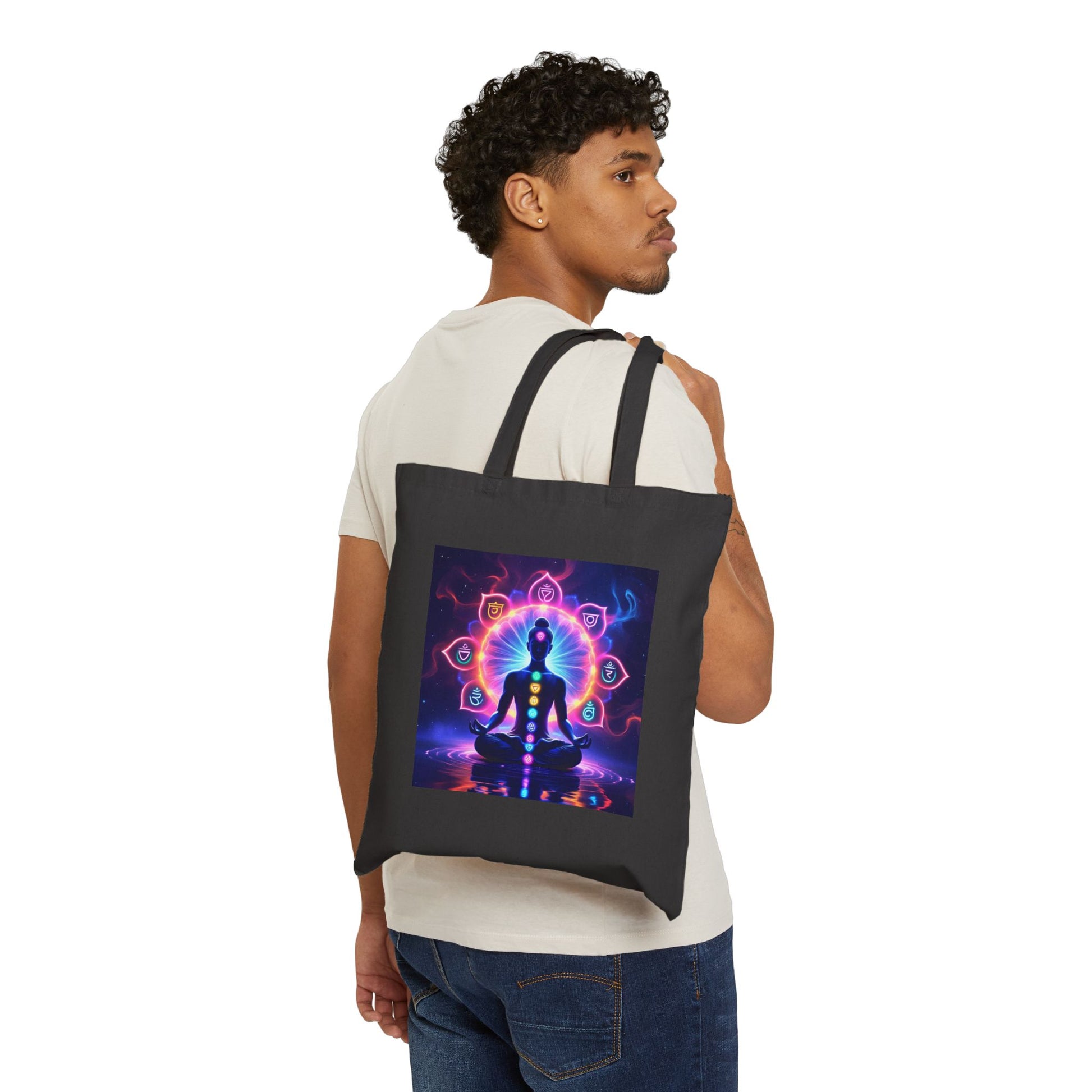 Spiritual Chakra Cotton Canvas Tote Bag in Black