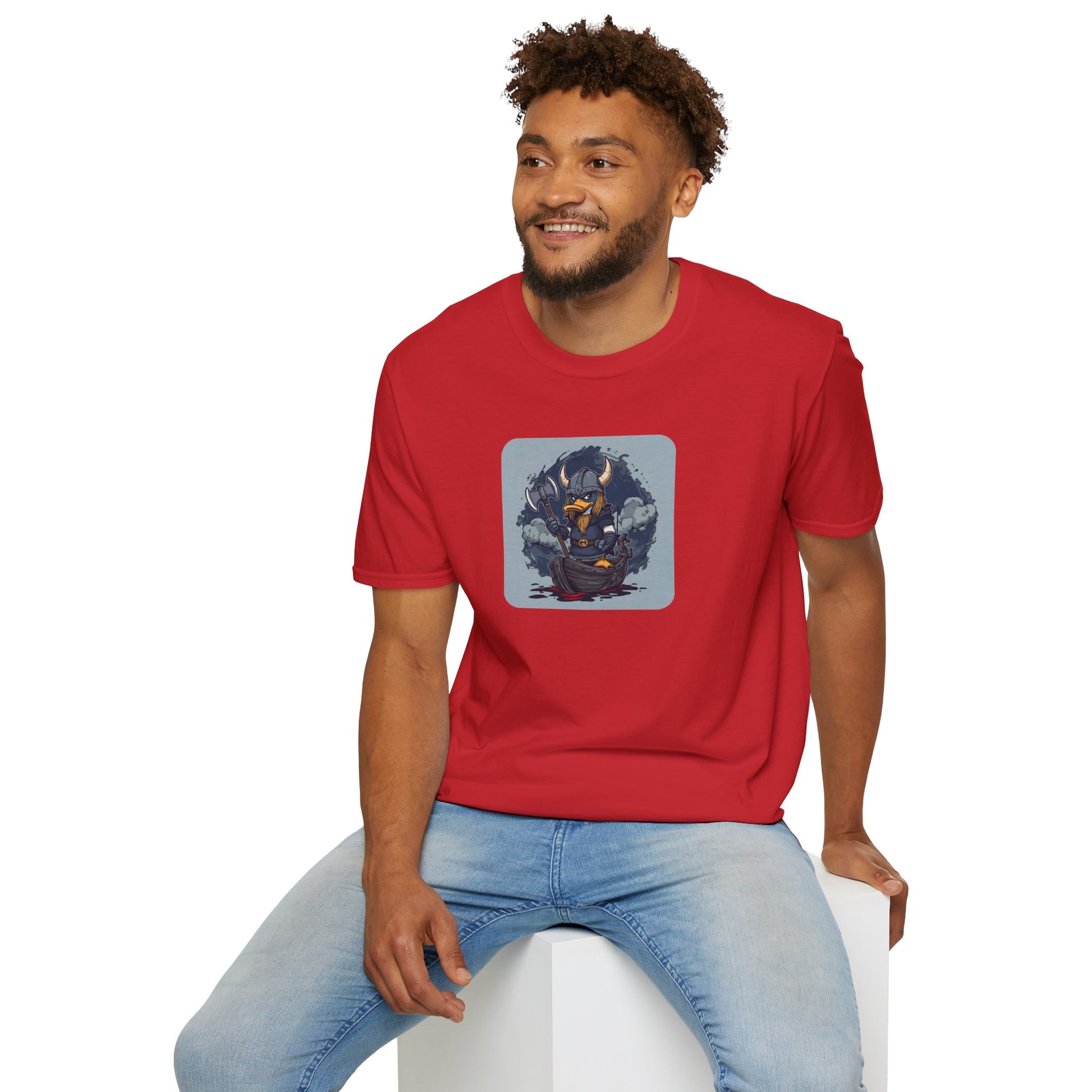 Goth Viking Duck T-Shirt with dark cartoon chaos artwork in Red