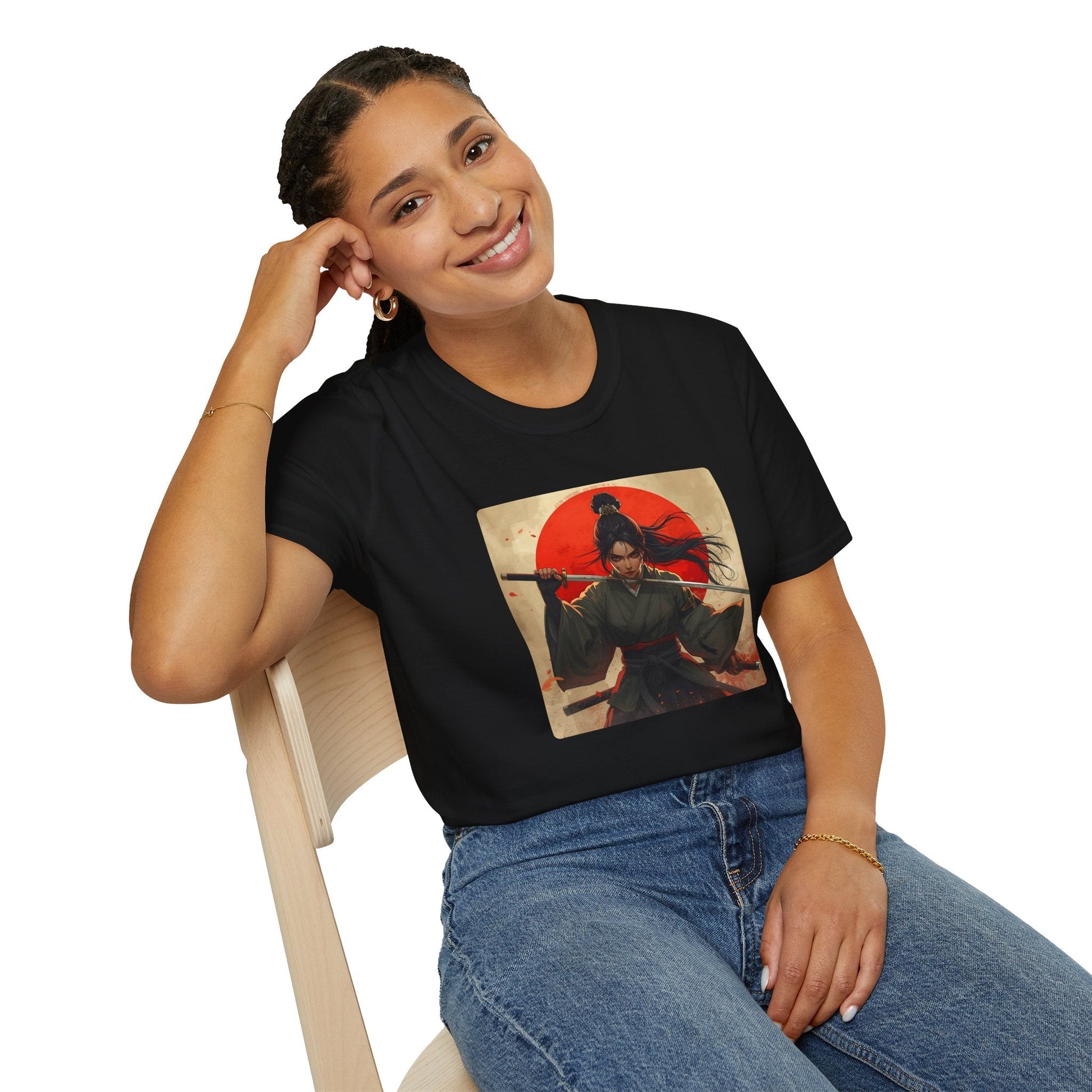 Model wearing the Red Sun Resolve Samurai Warrior T-Shirt in black featuring a Japanese-inspired warrior holding a katana beneath a bold red sun.