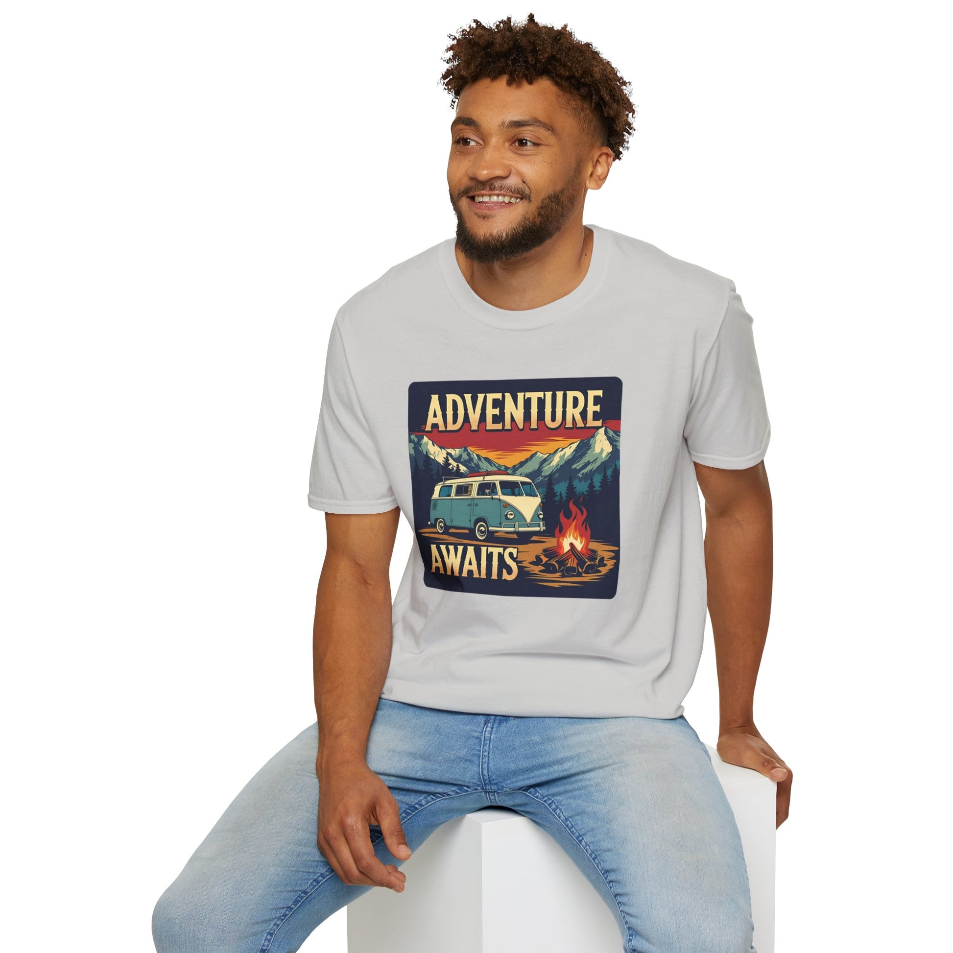 Adventure Awaits - Retro Camper Van Adventure T-Shirt in Ice Grey