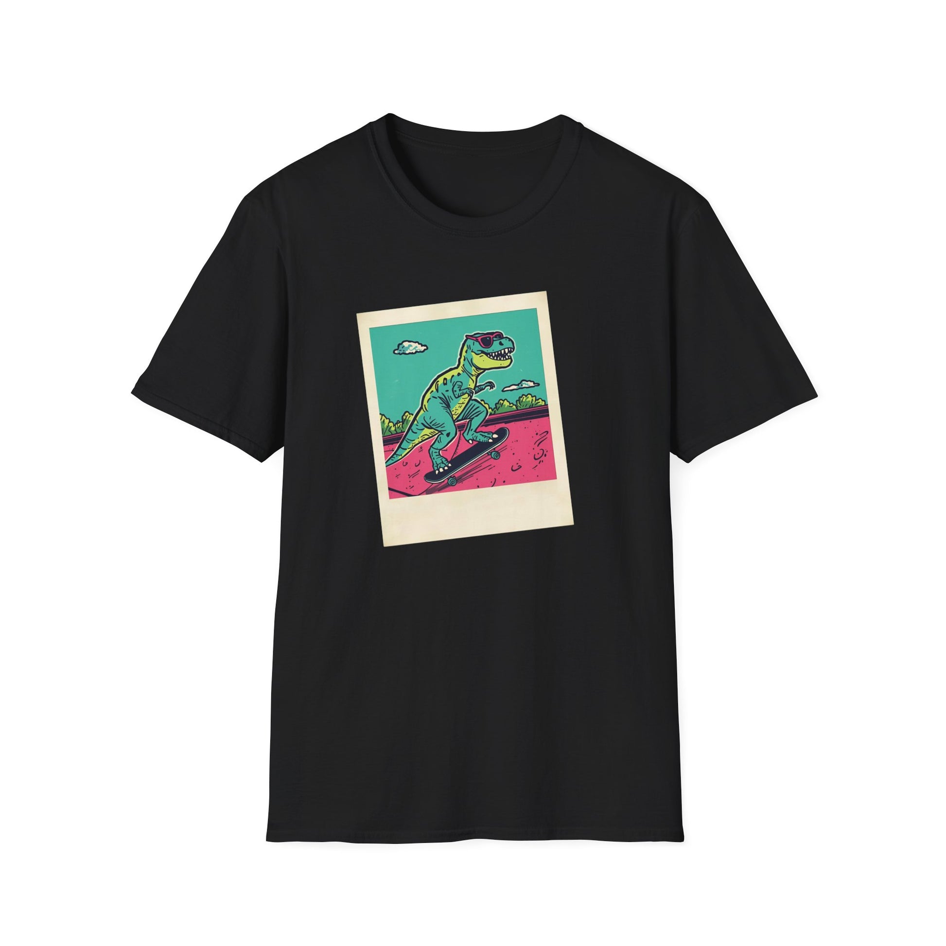Retro Skater T-Rex T-Shirt – 90s Polaroid Dinosaur in Sunglasses in Black