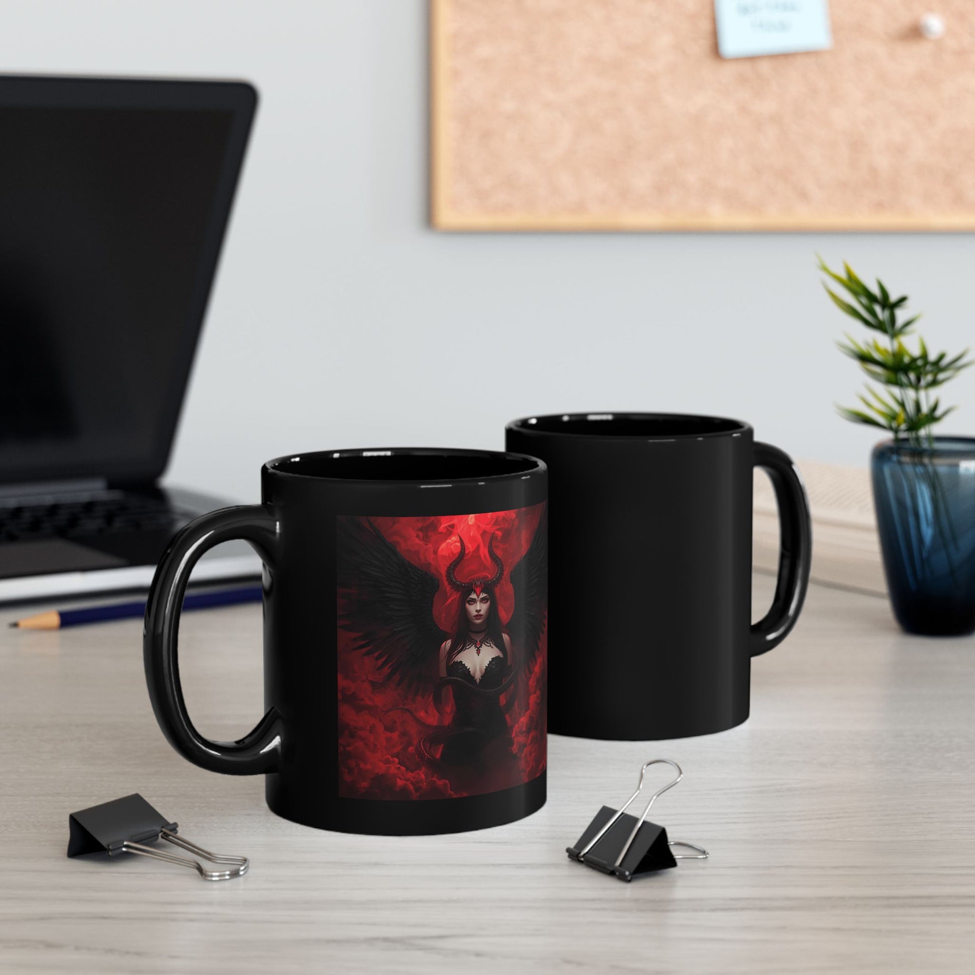 Lilith - First Light of Rebellion Mug - two mugs with front and back views - Black mug with image of Lilith