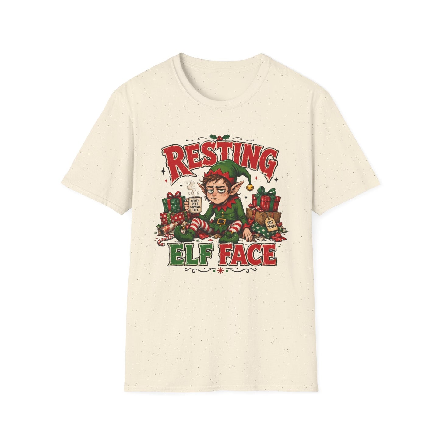 Resting Elf Face Christmas T-Shirt in natural, design featuring a tired elf with coffee, presents and funny festive attitude.