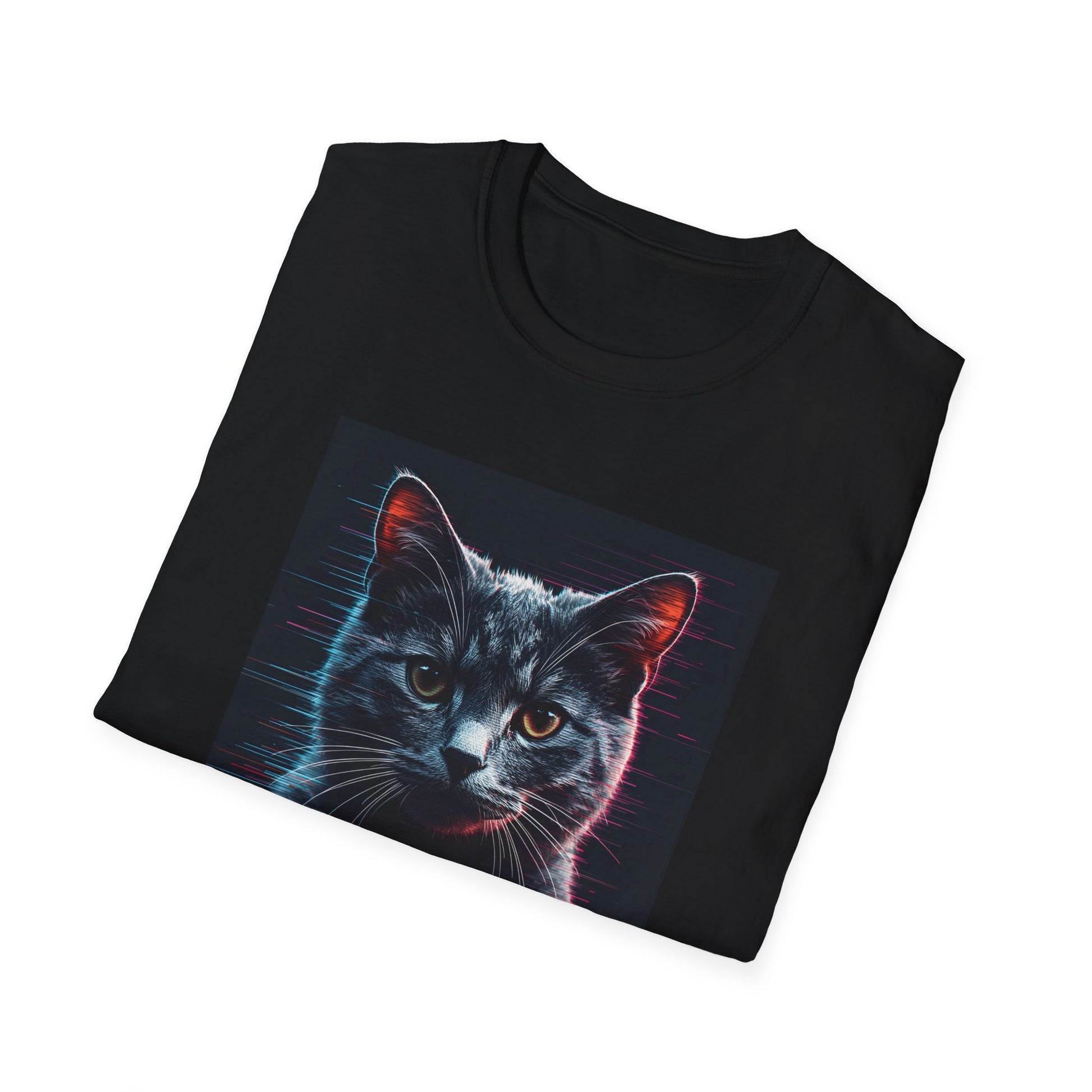 Pixellated Cat - Retro Meow Mode T-Shirt in Black - Folded