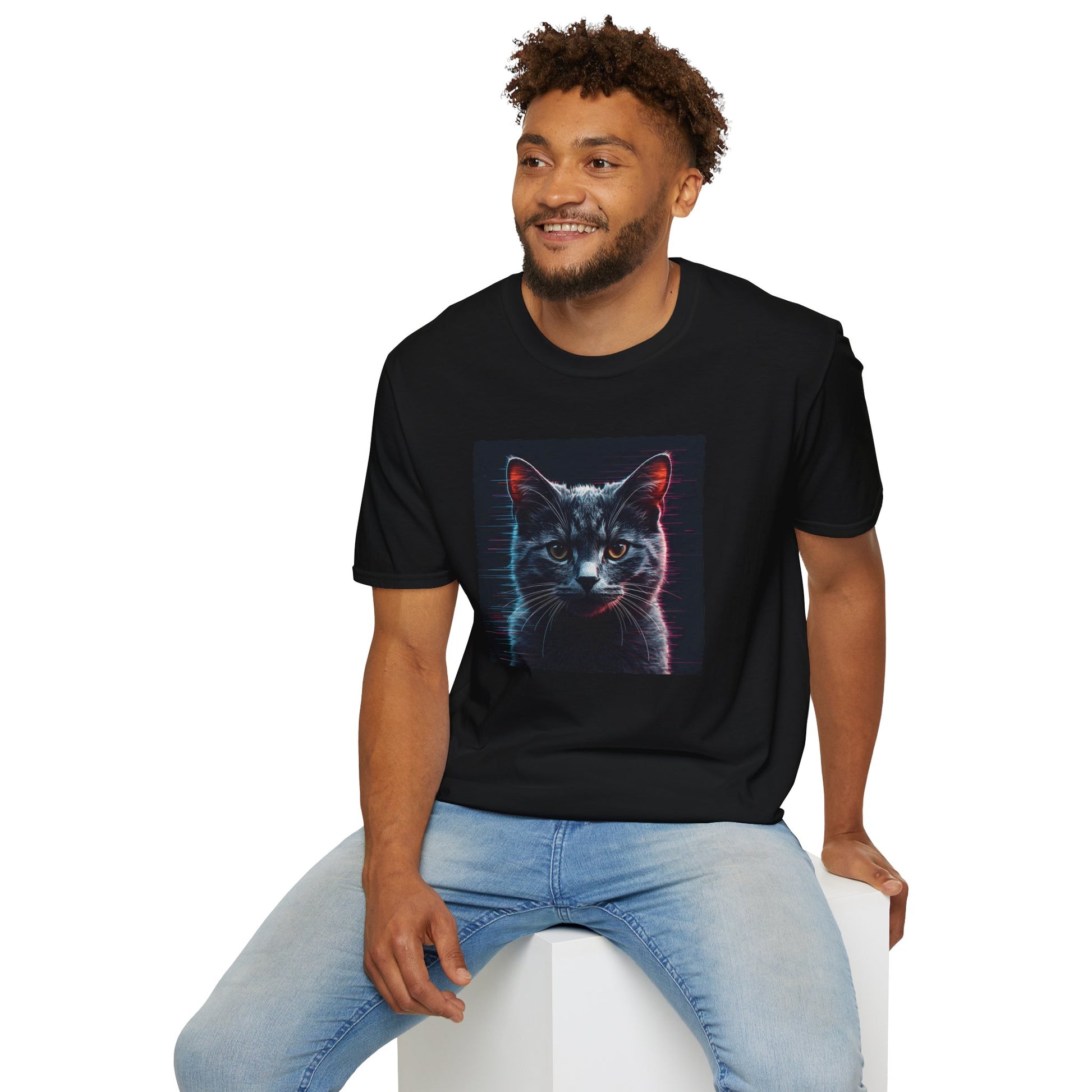Pixellated Cat T-Shirt with retro meow artwork in Black