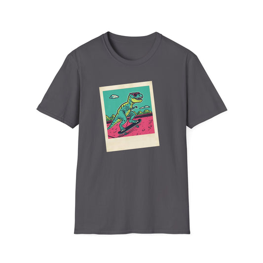 Retro Skater T-Rex T-Shirt – 90s Polaroid Dinosaur in Sunglasses in Charcoal