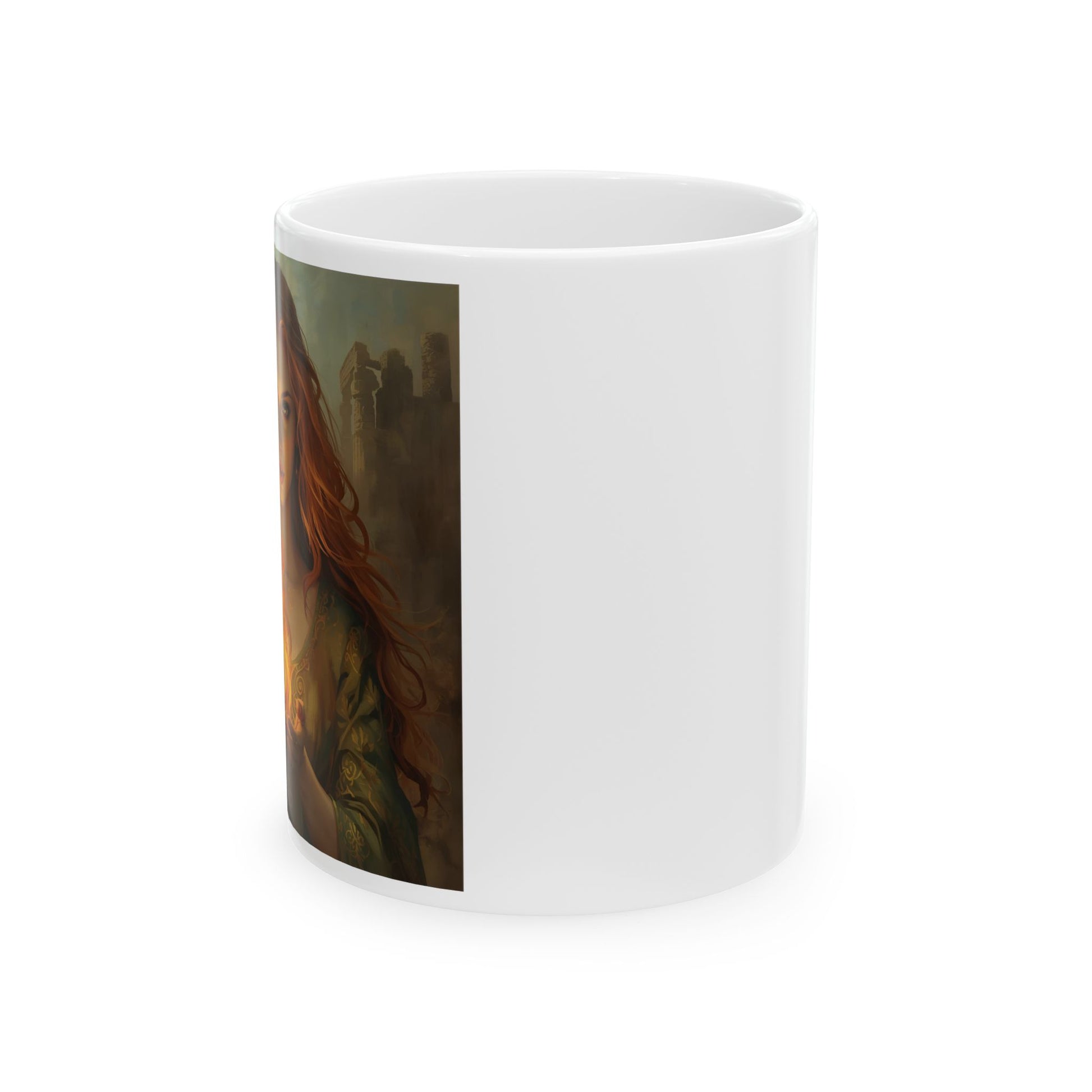Brigid Flame – Celtic Goddess Mug - Side View - white mug with image of Brigid