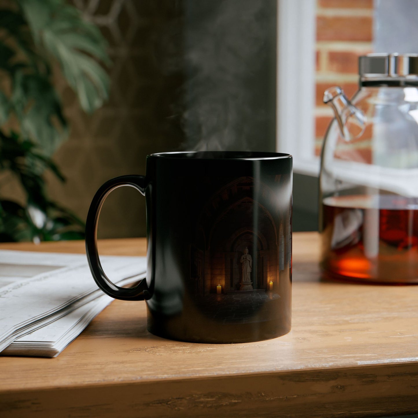 Alcove of Quiet Light mug - Black mug  on a wooden table 