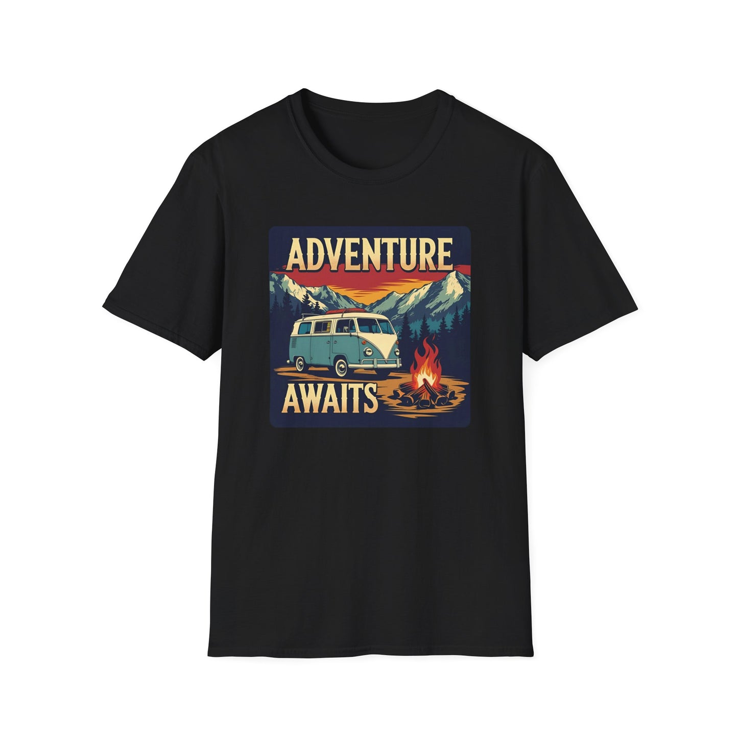 Adventure Awaits - Retro Camper Van Adventure T-Shirt in Black