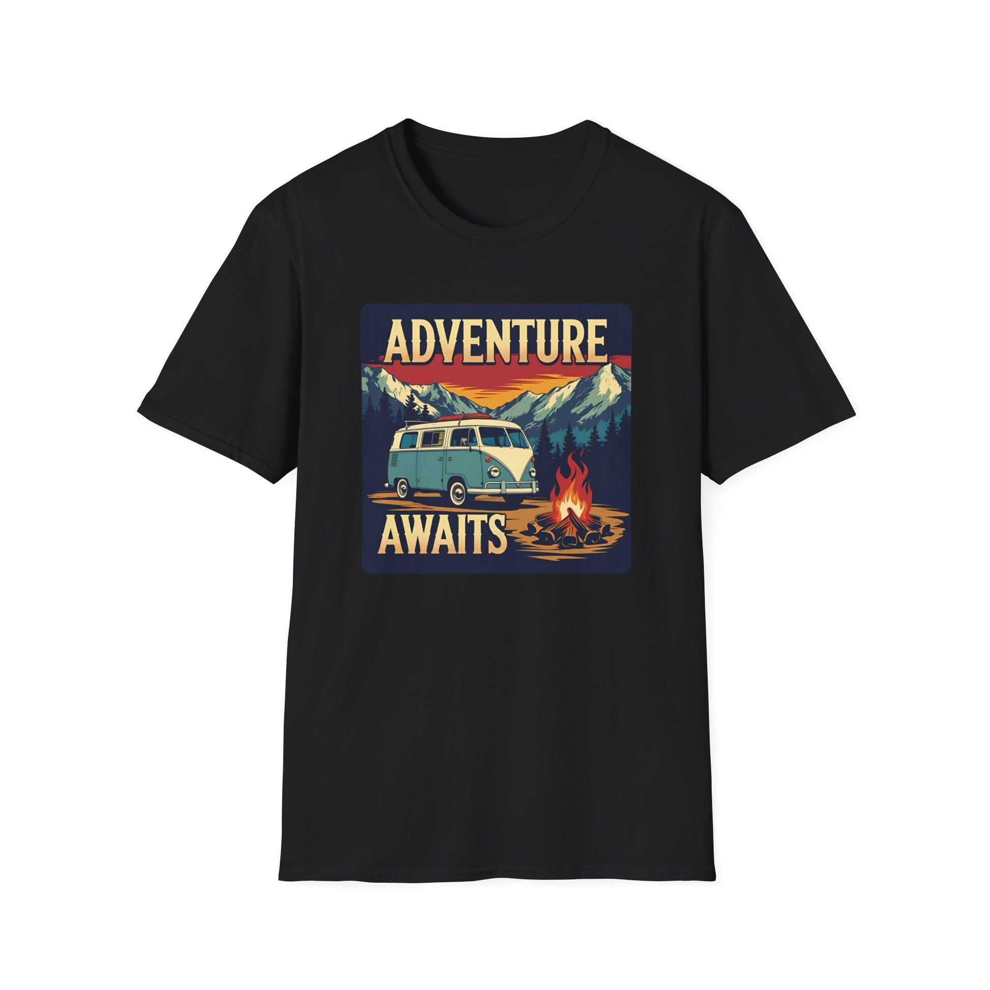 Adventure Awaits - Retro Camper Van Adventure T-Shirt in Black