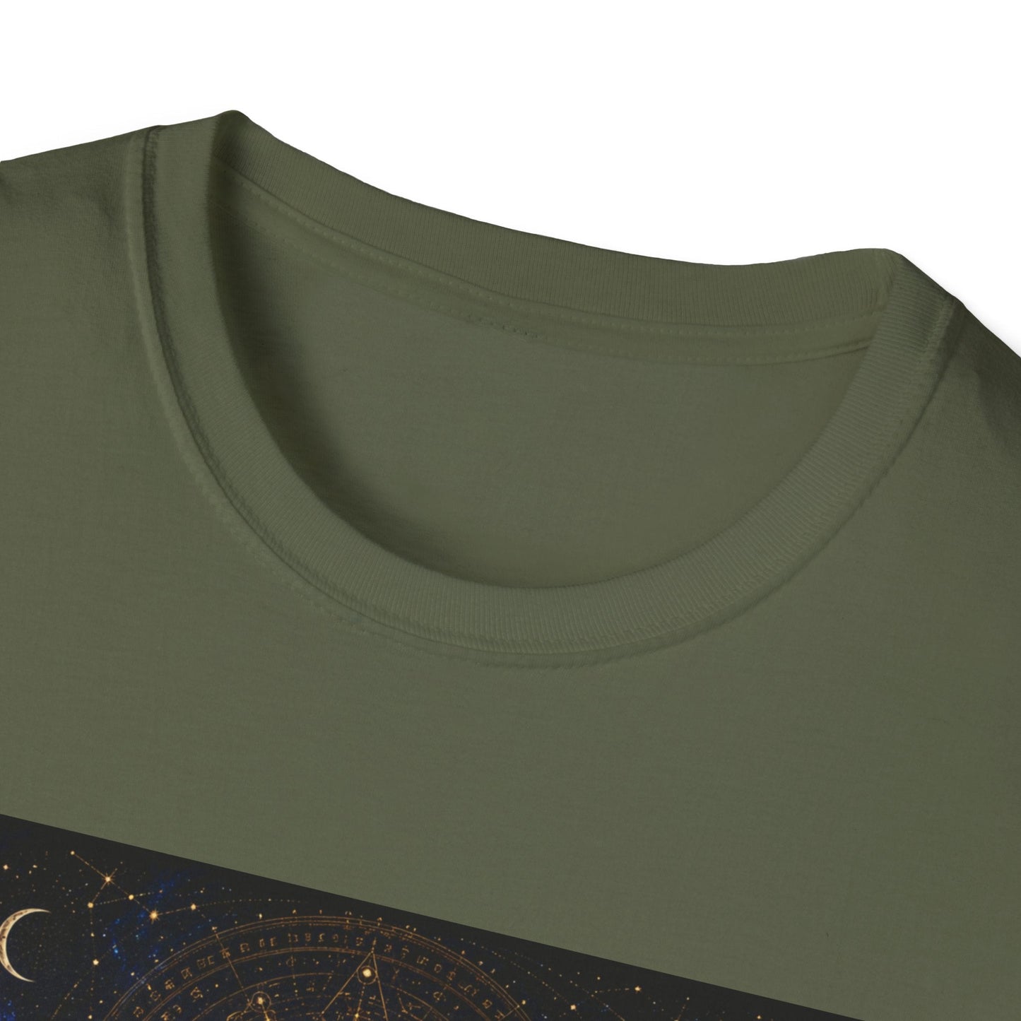 Neckline view of the They Remember the First Sky T-Shirt in military green showing part of the cosmic ancient alien graphic design.