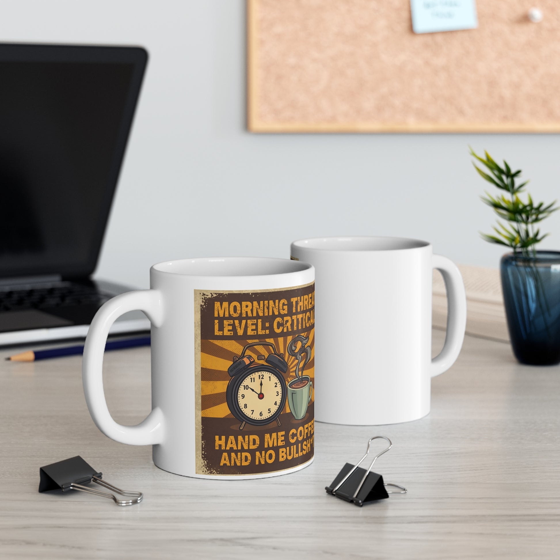 Morning Threat Level Critical - Funny Coffee Mug - front and back view