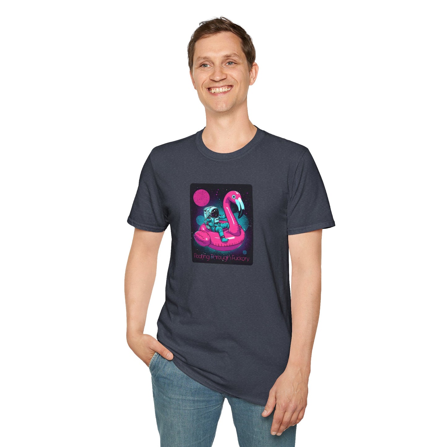 Floating Through Fckery T-Shirt – Surreal Astronaut Flamingo Space Tee