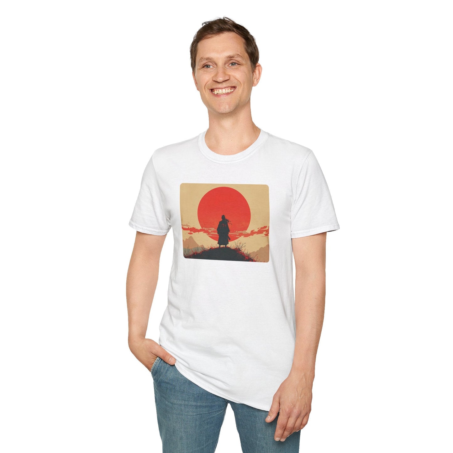 Model wearing the Longing Samurai Beneath the Crimson Sun T-Shirt in white featuring a lone samurai silhouette beneath a large crimson sun.
