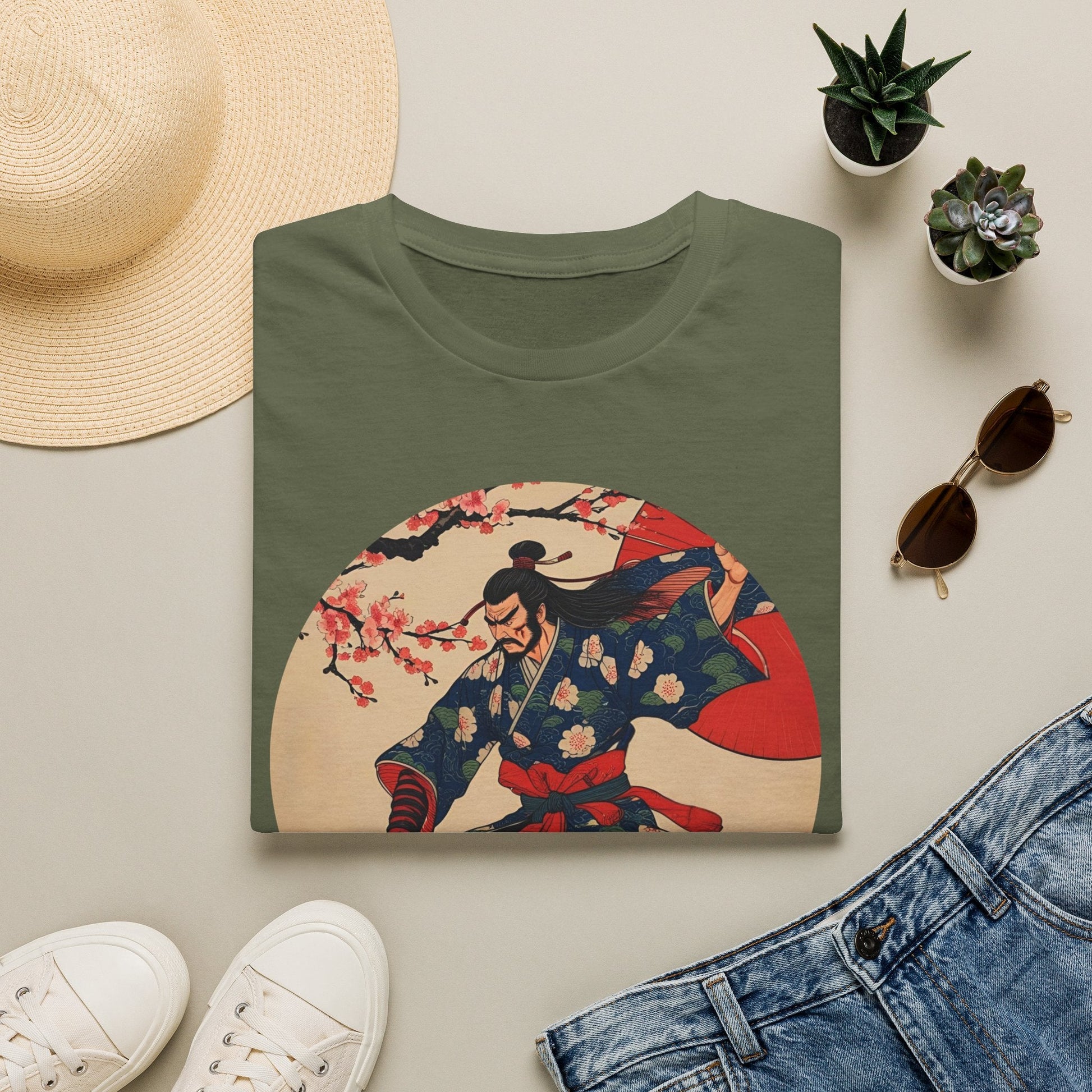 Folded Crimson Bloom Ronin Samurai Warrior T-Shirt in military green showing vintage-style samurai artwork with cherry blossoms, red parasol and dynamic warrior pose.