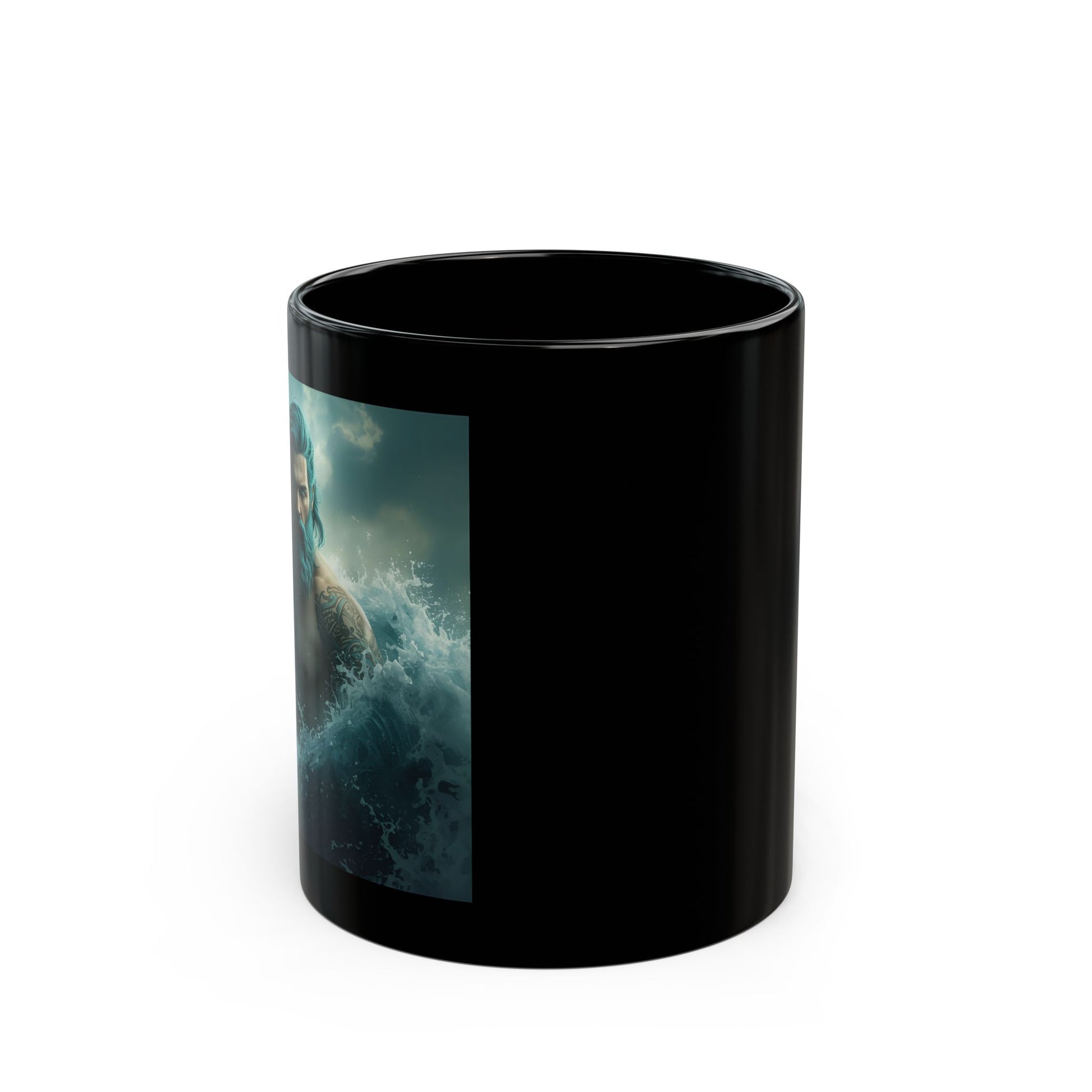 Poseidon - Lord of the Tides Mug - side view - black mug with image of Poseidon