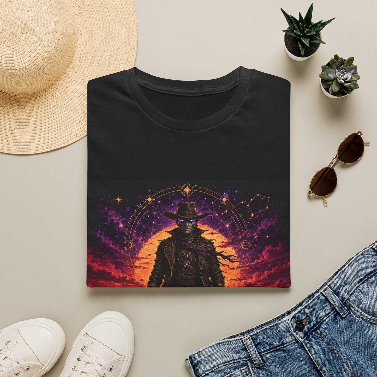 Folded Starseed Outlaw T-shirt artwork in blackfeaturing cosmic rebel and alien-inspired graphic style.