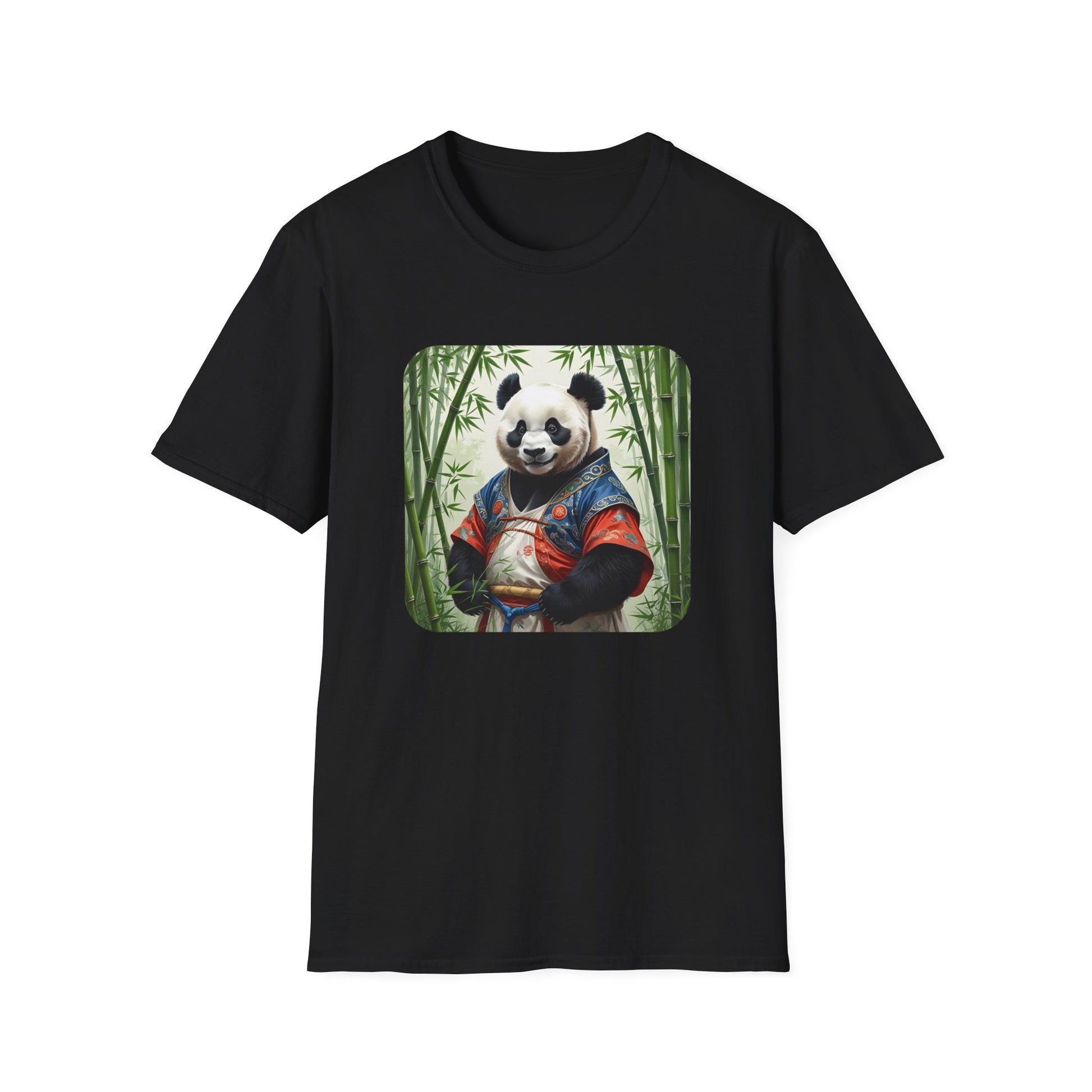Panda Graphic T-Shirt with panda in traditional robes and bamboo artwork in Black