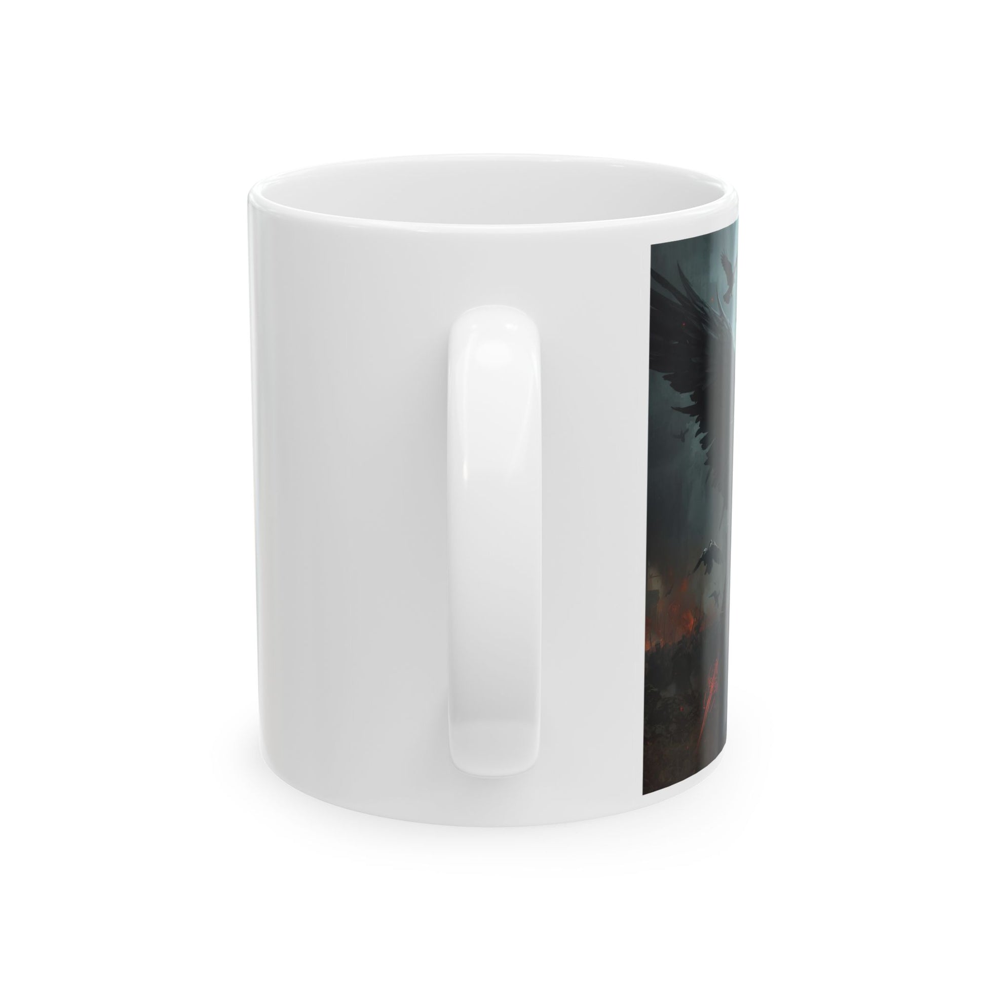 Morrigan – Celtic Goddess Coffee Mug - side view - white cup with Morrigan image
