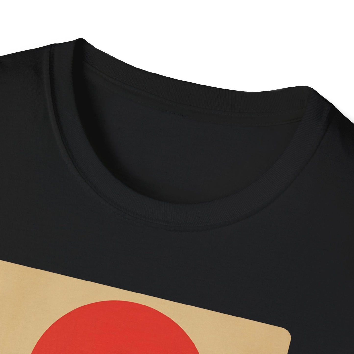 Close-up neckline view of the Longing Samurai Beneath the Crimson Sun T-Shirt in black with minimalist samurai artwork visible on the front.
