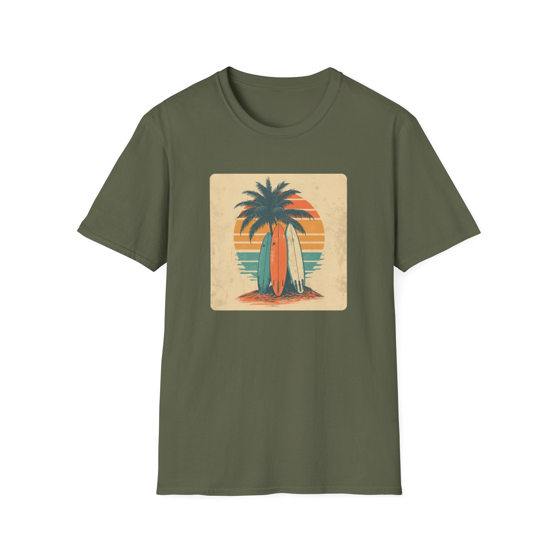 Retro Surfboard Trio – Vintage Surf Culture Tee in Military Green