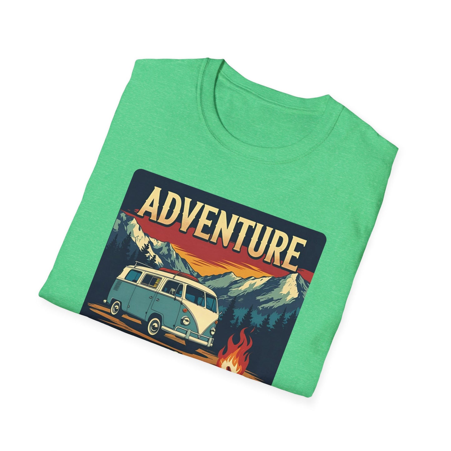 Adventure Awaits - Retro Camper Van Adventure T-Shirt in Heather Irish Green  Folded
