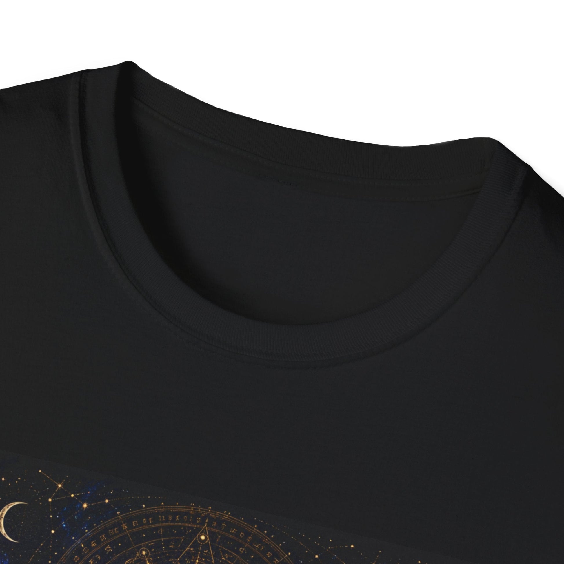 Neckline view of the They Remember the First Sky T-Shirt in black showing part of the cosmic ancient alien graphic design.
