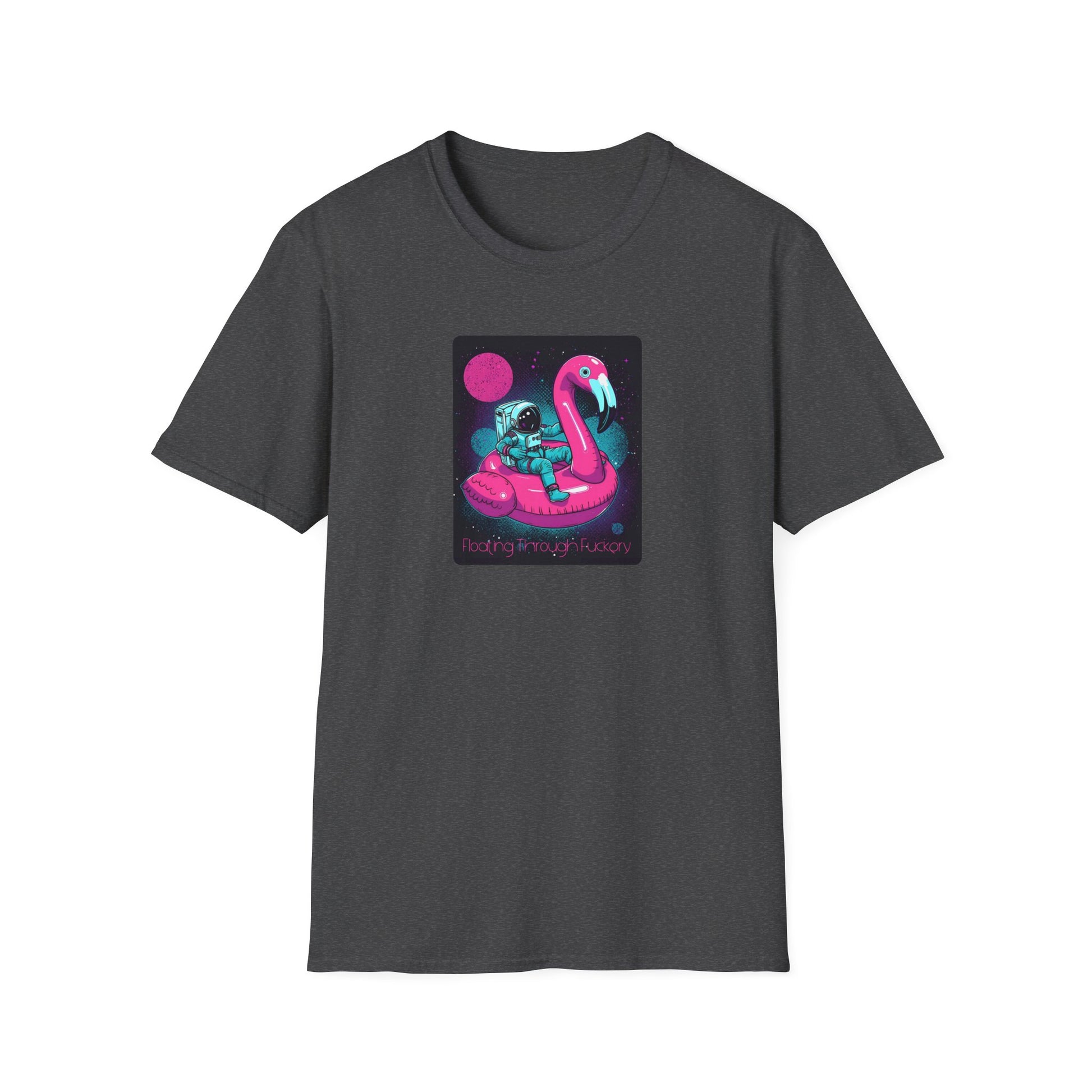 Floating Through Fckery T-Shirt – Surreal Astronaut Flamingo Space Tee in Dark Heather