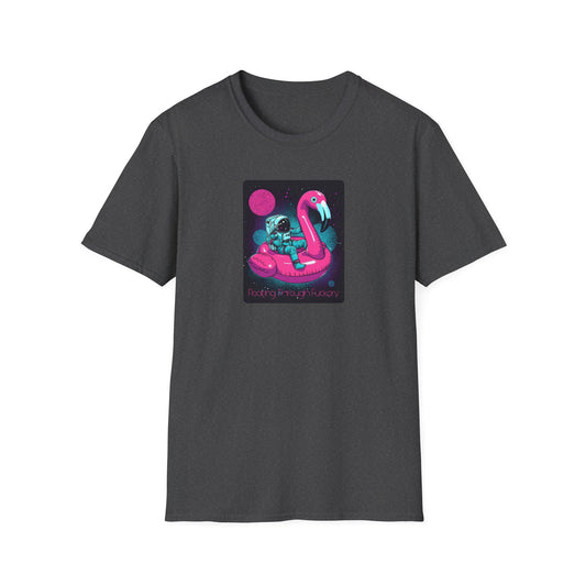 Floating Through Fckery T-Shirt – Surreal Astronaut Flamingo Space Tee in Dark Heather