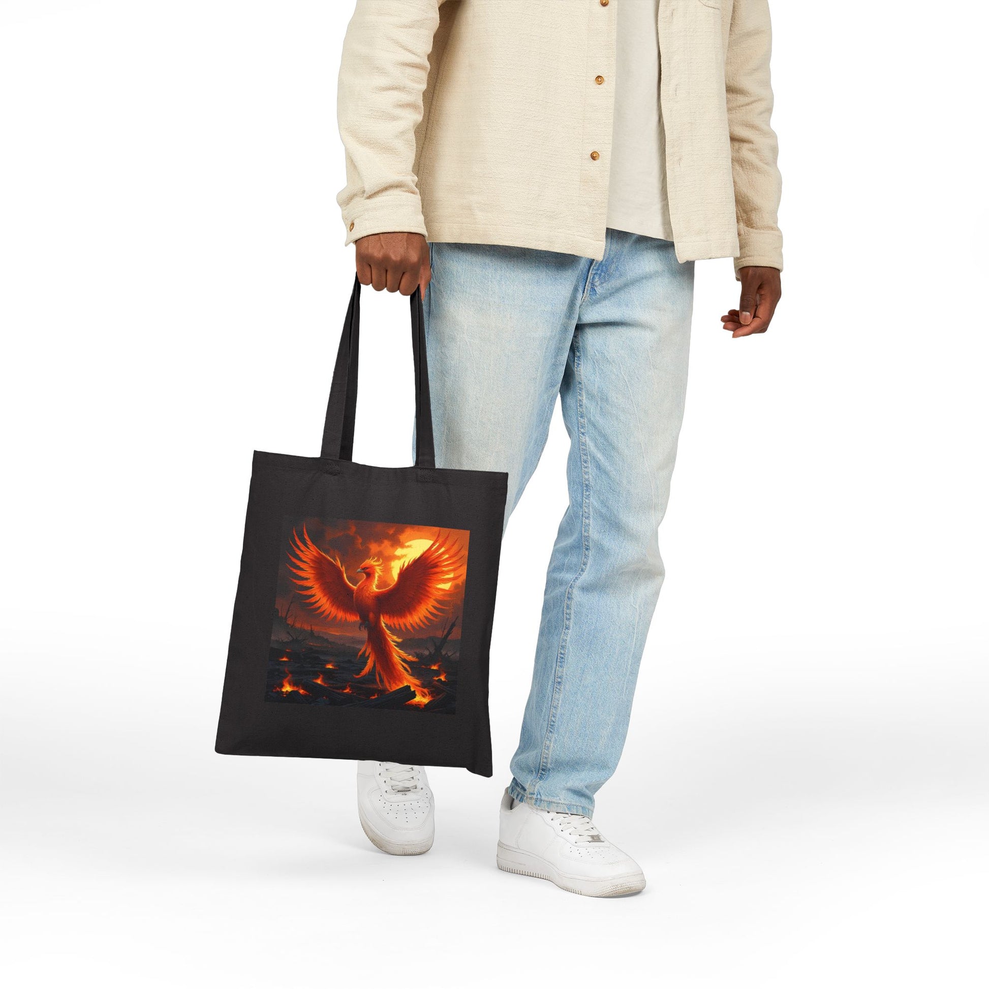 Phoenix Fire Cotton Canvas Tote Bag in Black