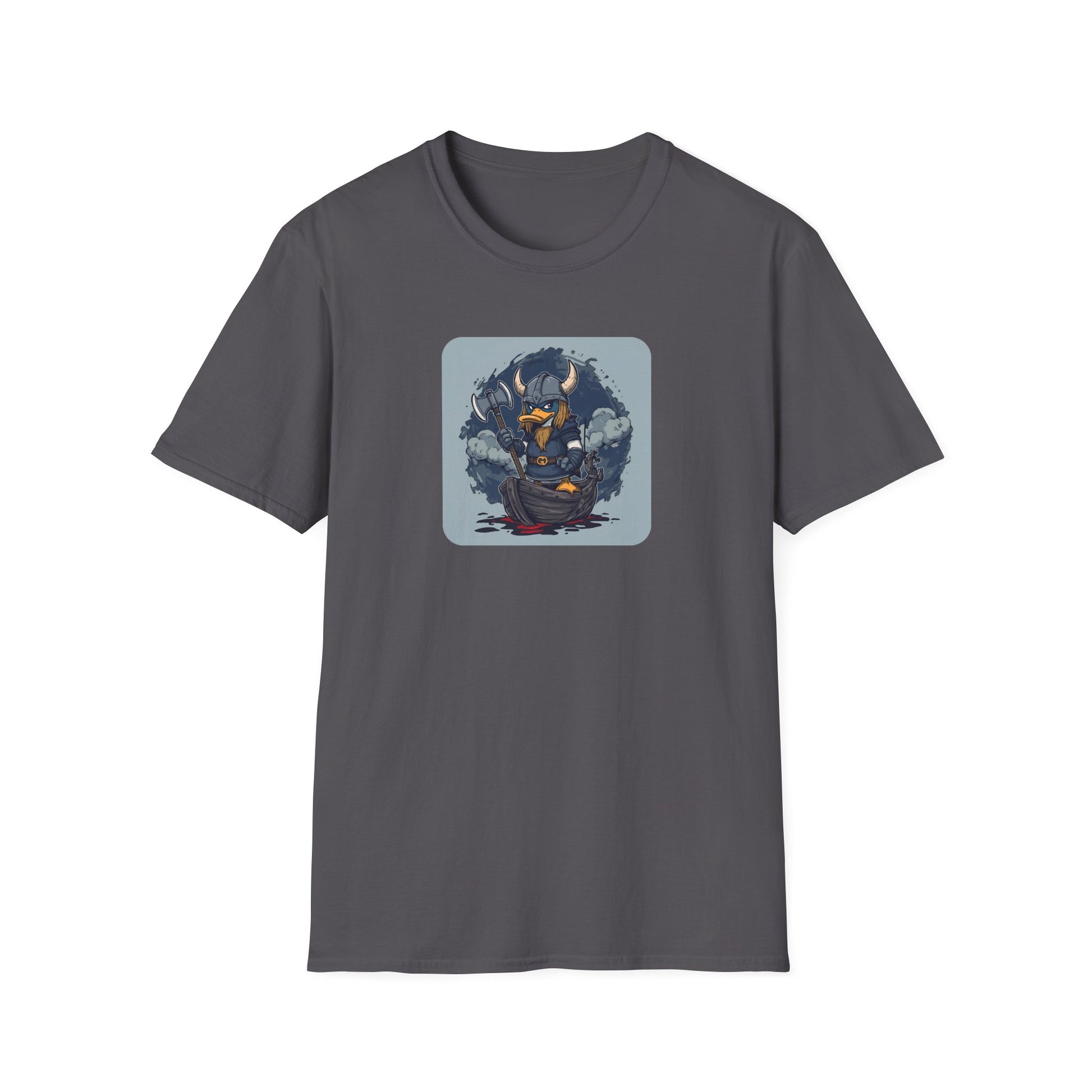Goth Viking Duck – Dark Cartoon Chaos T-Shirt in Charcoal