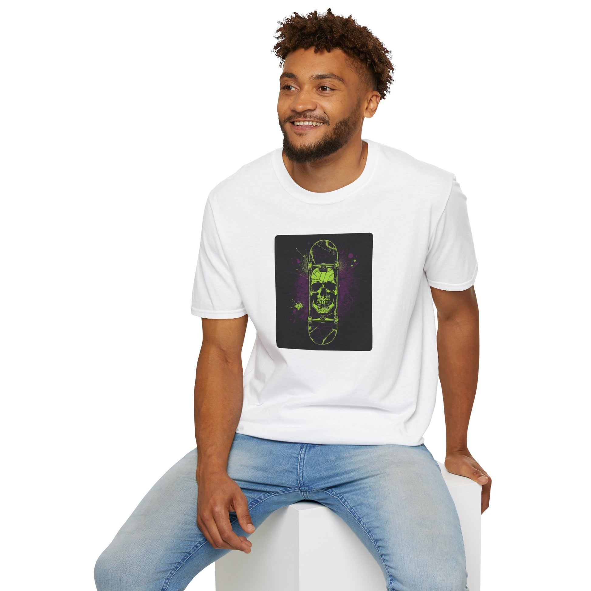 Neon Skull Skateboard T-Shirt with electric street rebel artwork in White