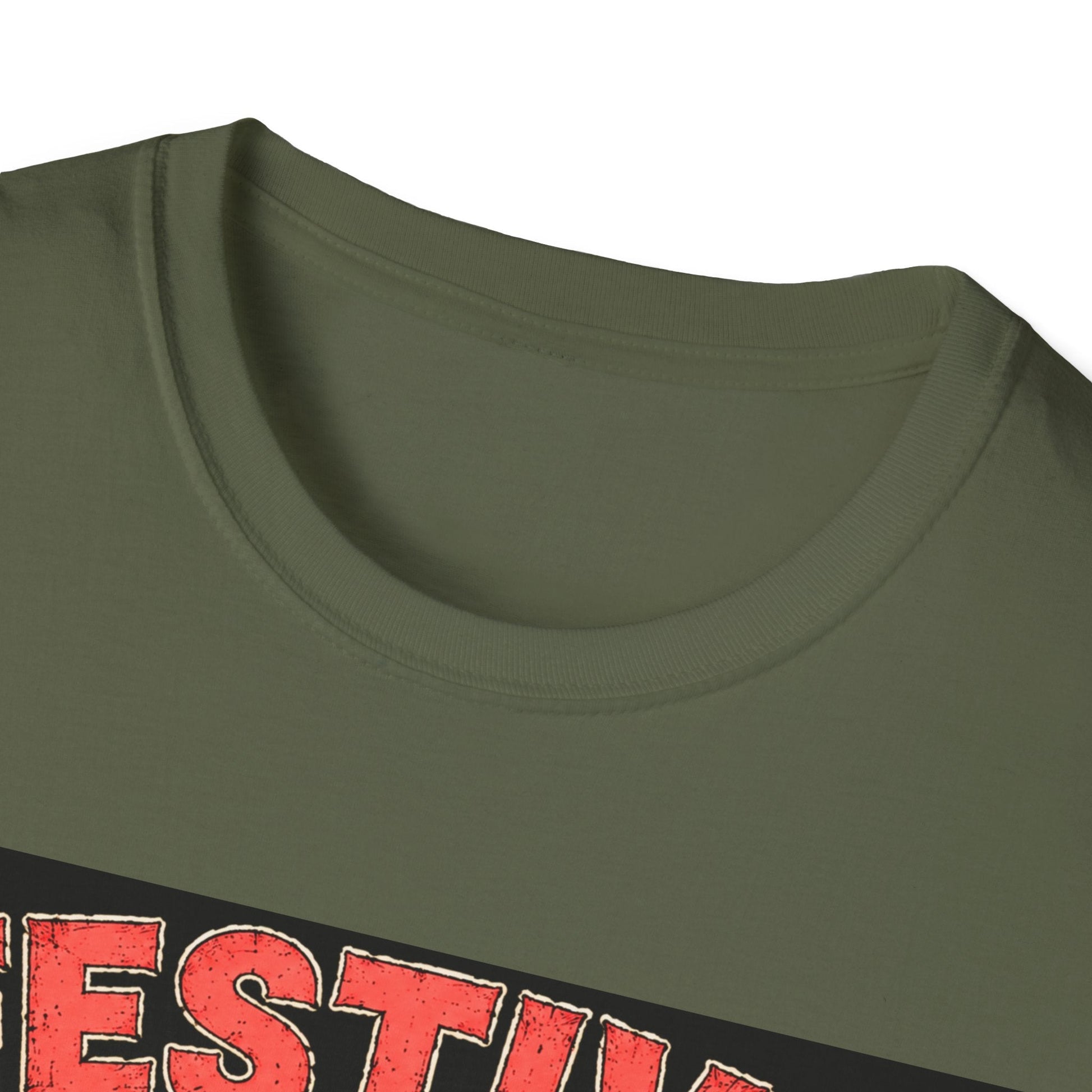 Close-up neckline image of the Festive But Tired Reindeer Christmas T-Shirt in military green 