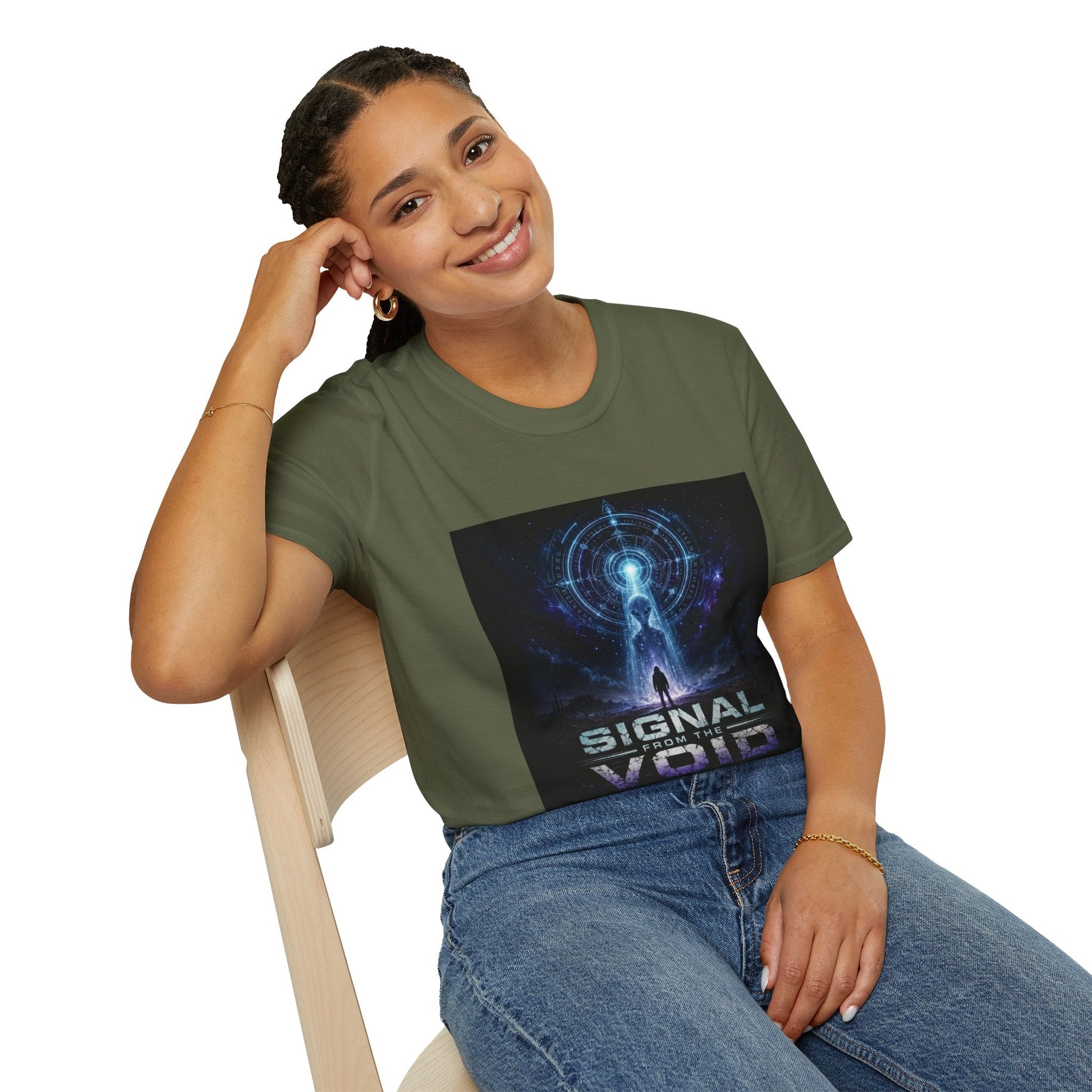 Signal from the Void T-Shirt in military green shown on model with mysterious alien sci-fi graphic design