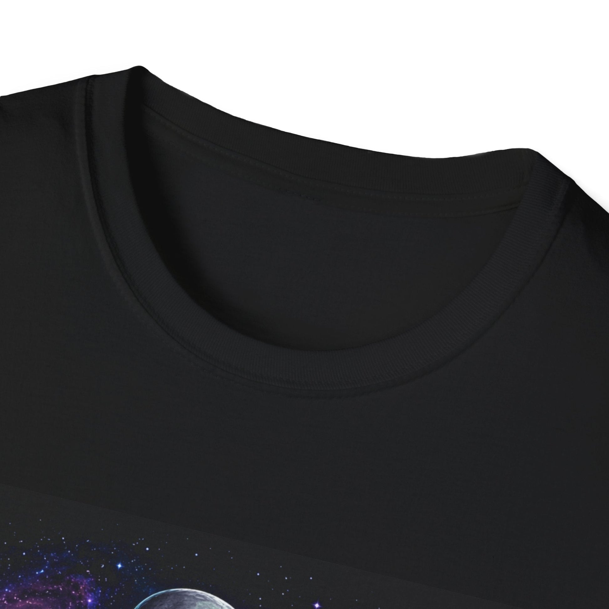 Neckline of Intergalactic Introvert alien T-Shirt in black with sci-fi artwork